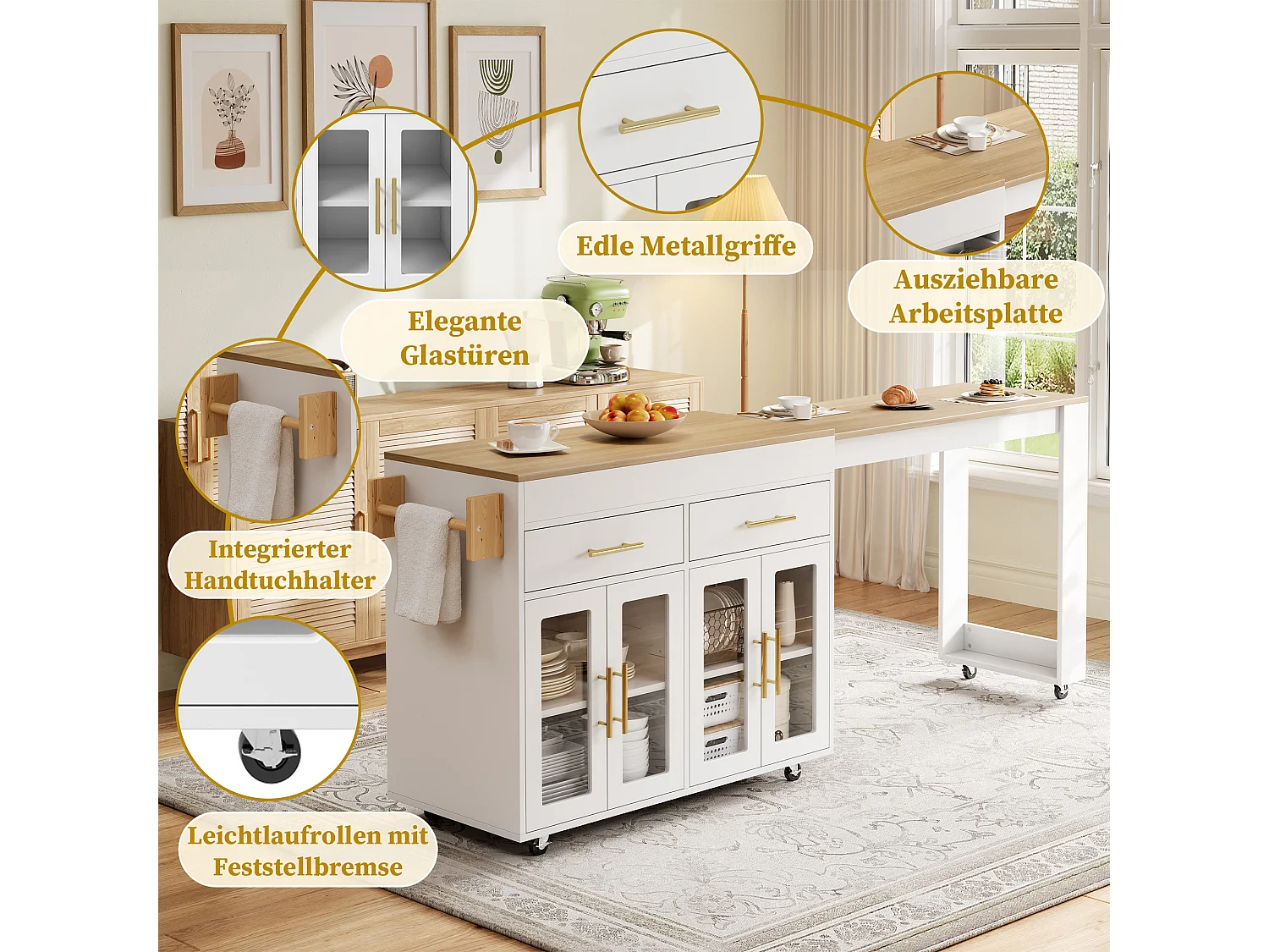 Ausziehbare Kücheninsel mit Stehtisch, 4 Glastüren und 2 Schubladen – 132,5 bis 217 x 50 x 93 cm – MDF – Weiß und Natur