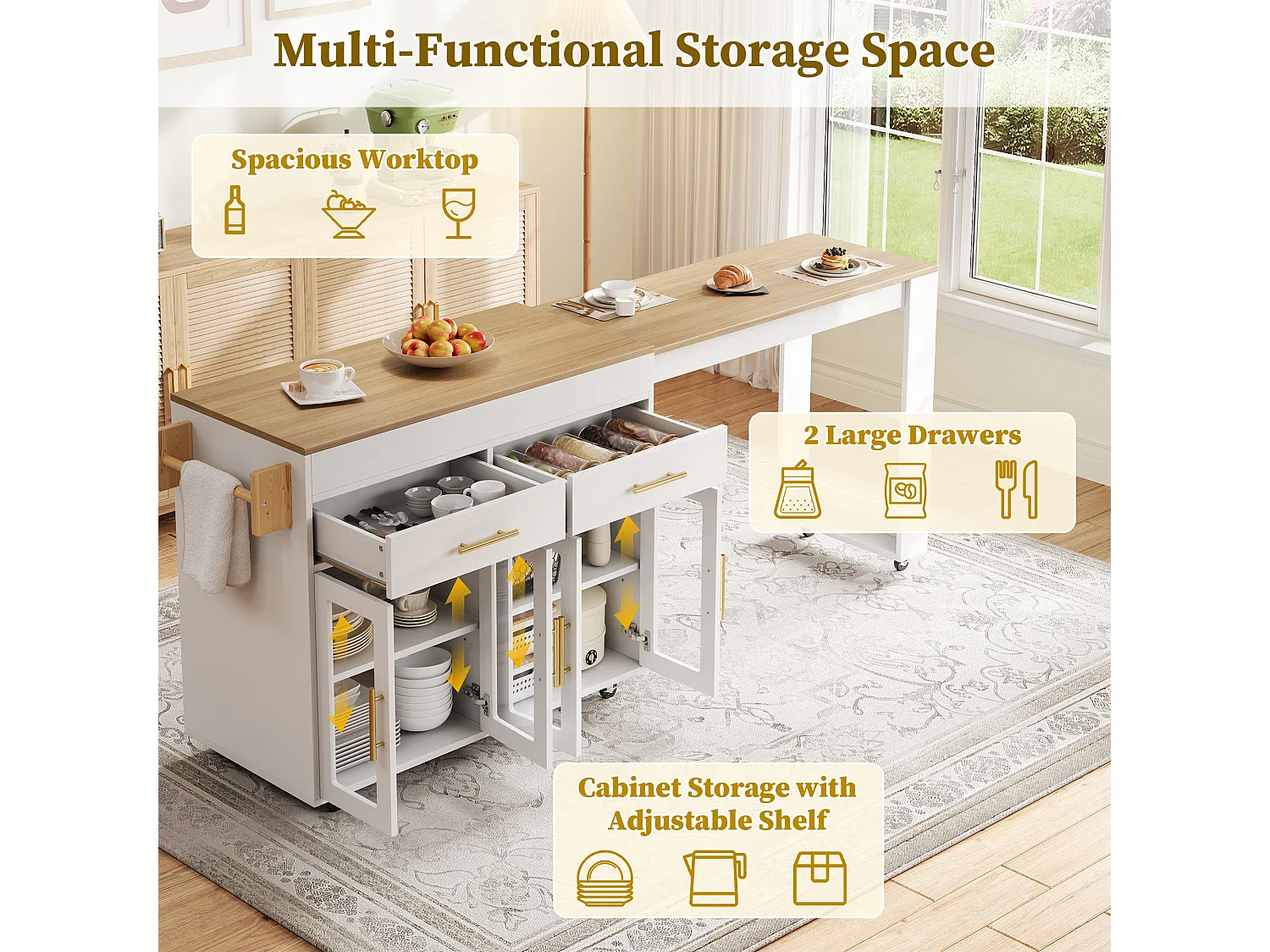 Ausziehbare Kücheninsel mit Stehtisch, 4 Glastüren und 2 Schubladen – 132,5 bis 217 x 50 x 93 cm – MDF – Weiß und Natur