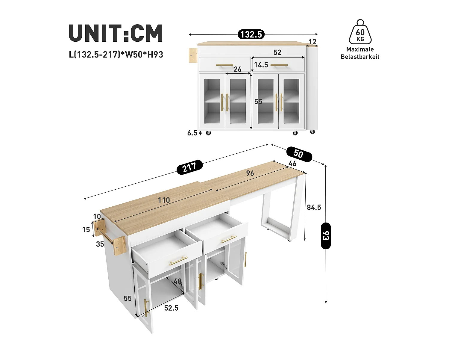 Ausziehbare Kücheninsel mit Stehtisch, 4 Glastüren und 2 Schubladen – 132,5 bis 217 x 50 x 93 cm – MDF – Weiß und Natur