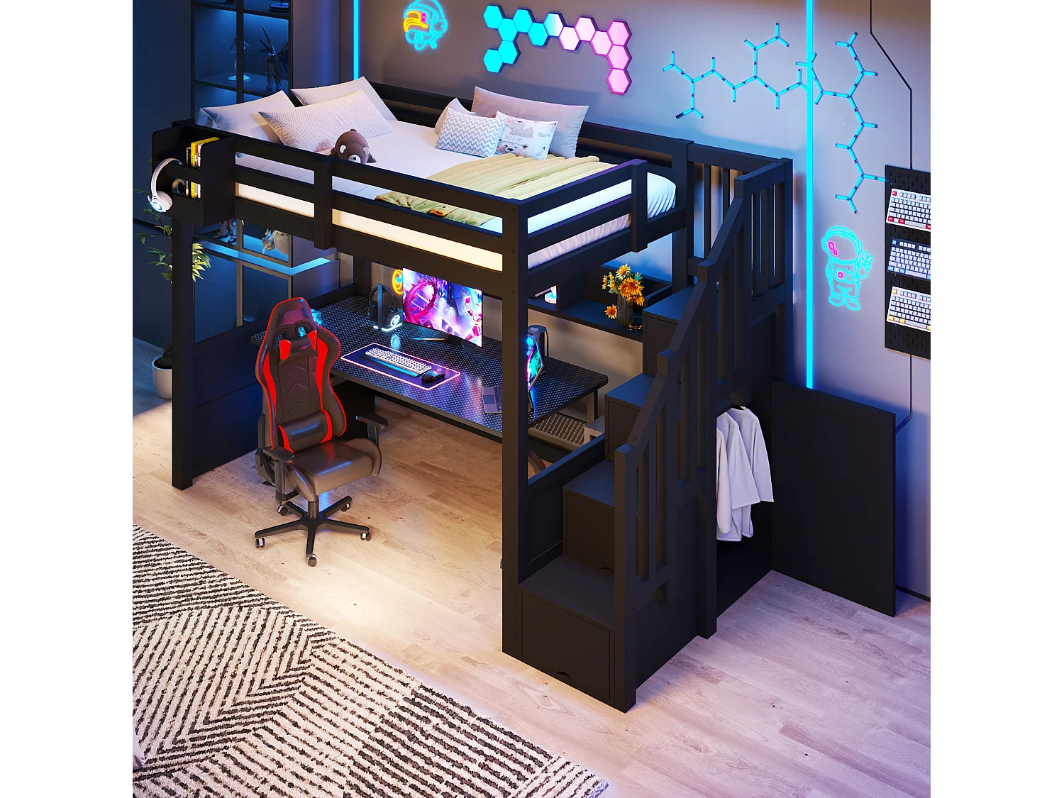 Loft bed 90 x 200 cm with 4 storage compartments, wardrobe with 1 door - LED lighting - Pine + MDF - Black (Mattress not included)