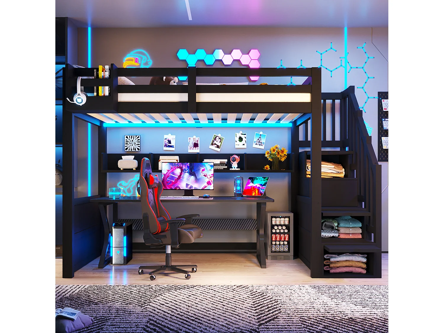 Loft bed 90 x 200 cm with 4 storage compartments, wardrobe with 1 door - LED lighting - Pine + MDF - Black (Mattress not included)