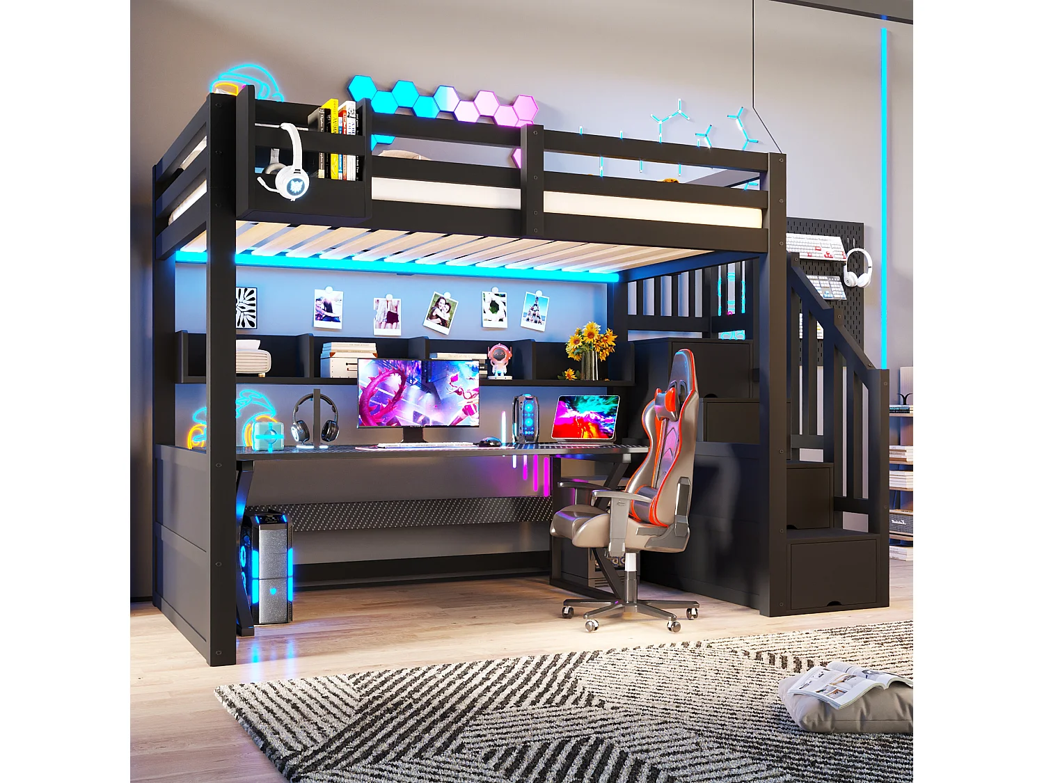 Loft bed 90 x 200 cm with 4 storage compartments, wardrobe with 1 door - LED lighting - Pine + MDF - Black (Mattress not included)
