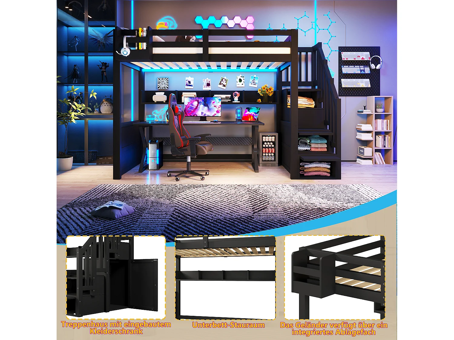Loft bed 90 x 200 cm with 4 storage compartments, wardrobe with 1 door - LED lighting - Pine + MDF - Black (Mattress not included)