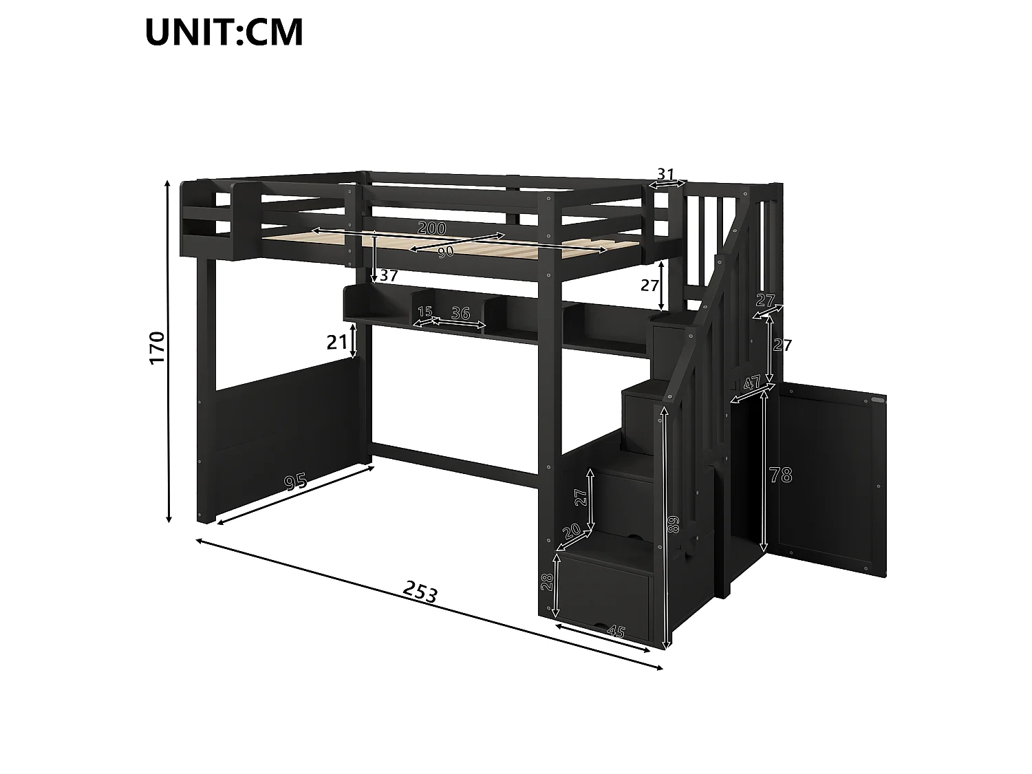 Loft bed 90 x 200 cm with 4 storage compartments, wardrobe with 1 door - LED lighting - Pine + MDF - Black (Mattress not included)