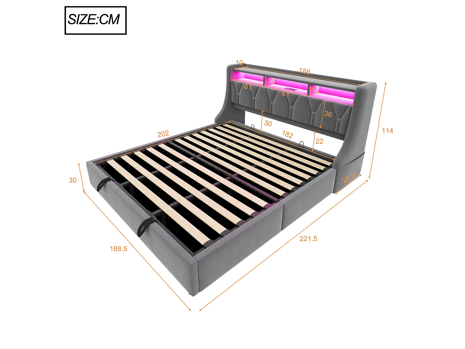 180 x 200 cm Bett mit Stauraum, Kopfteil, Steckdosen, USB Typ-C und LED-Beleuchtung - Samt - Grau (Matratze nicht im Lieferumfang enthalten)