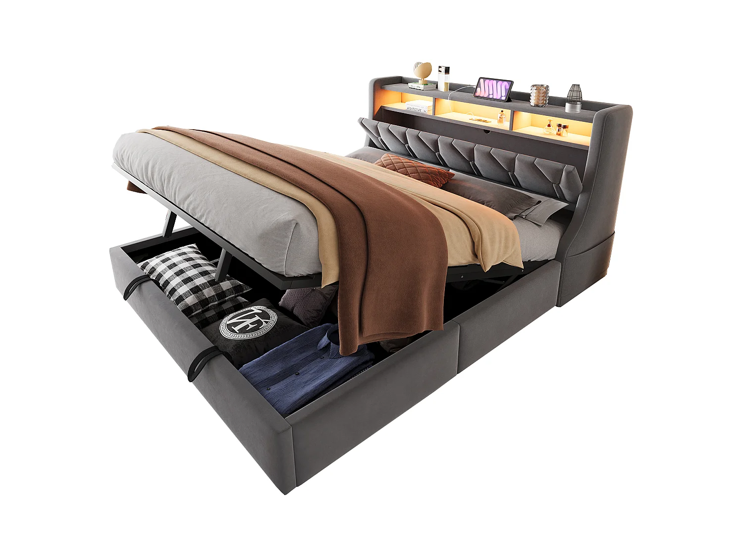 180 x 200 cm Bett mit Stauraum, Kopfteil, Steckdosen, USB Typ-C und LED-Beleuchtung - Samt - Grau (Matratze nicht im Lieferumfang enthalten)