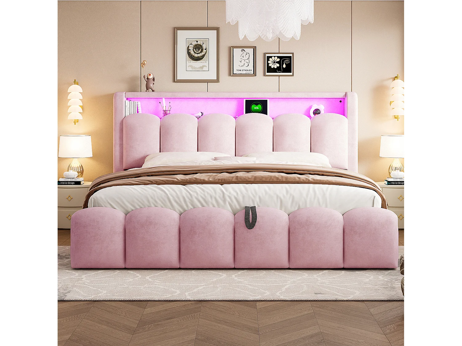 Lit coffre 180 x 200 cm avec rangement tête de lit, ports USB et Type-C et LED - Velours - Rose (Sans matelas)