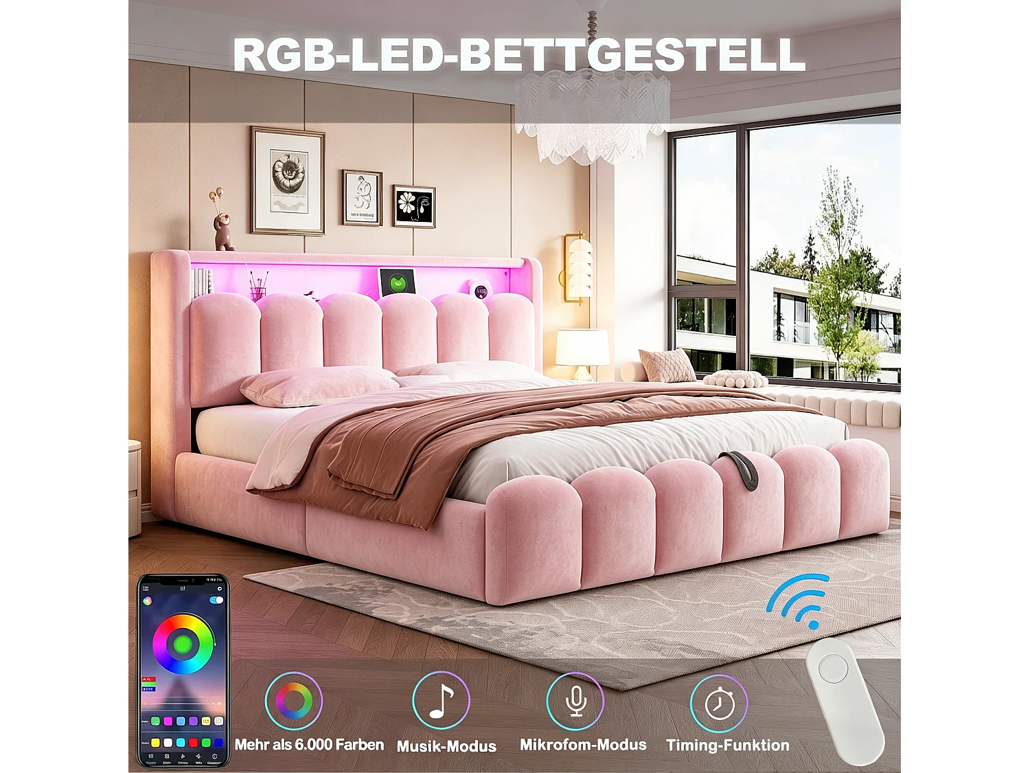 Lit coffre 180 x 200 cm avec rangement tête de lit, ports USB et Type-C et LED - Velours - Rose (Sans matelas)