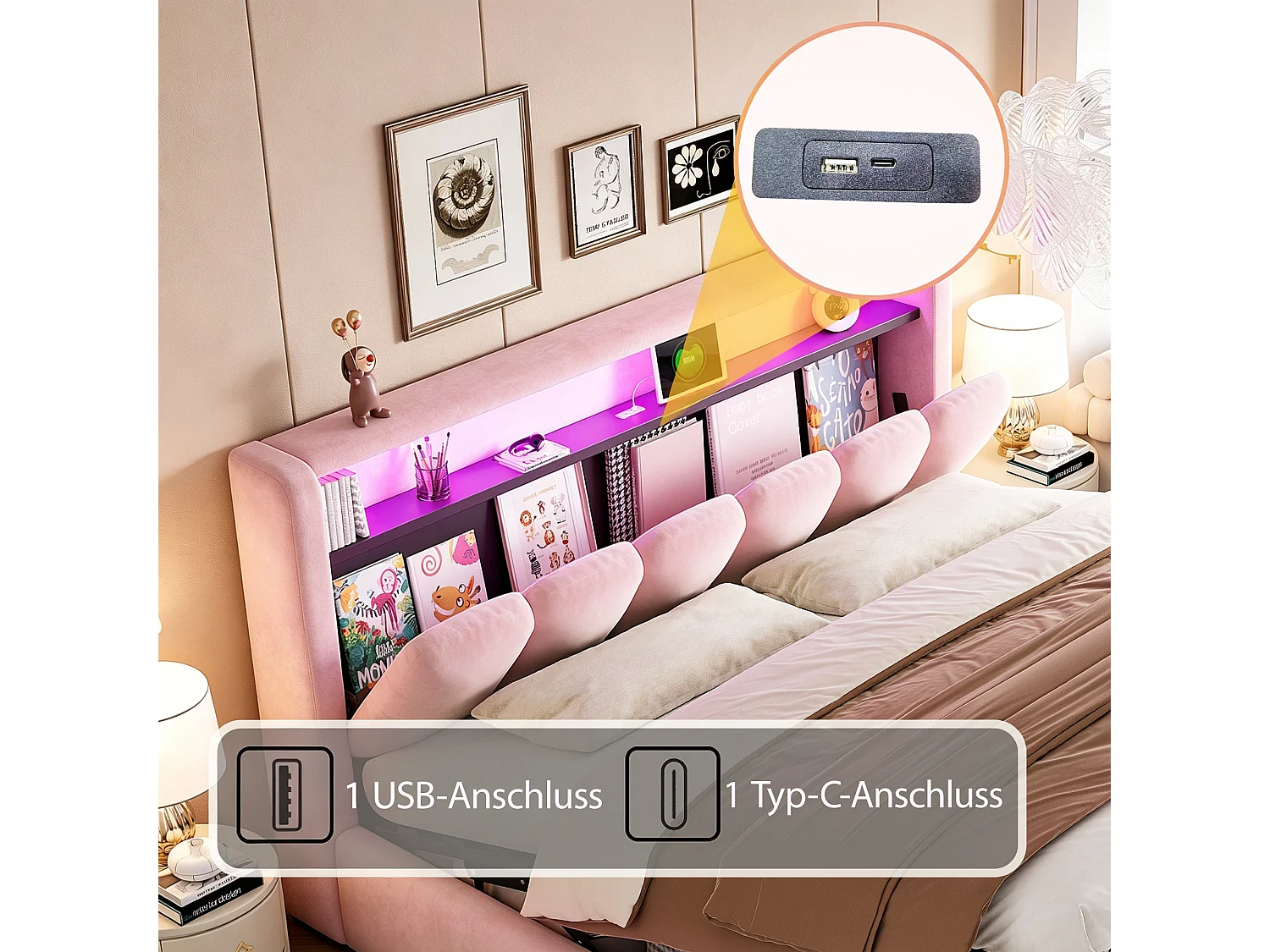 Lit coffre 180 x 200 cm avec rangement tête de lit, ports USB et Type-C et LED - Velours - Rose (Sans matelas)