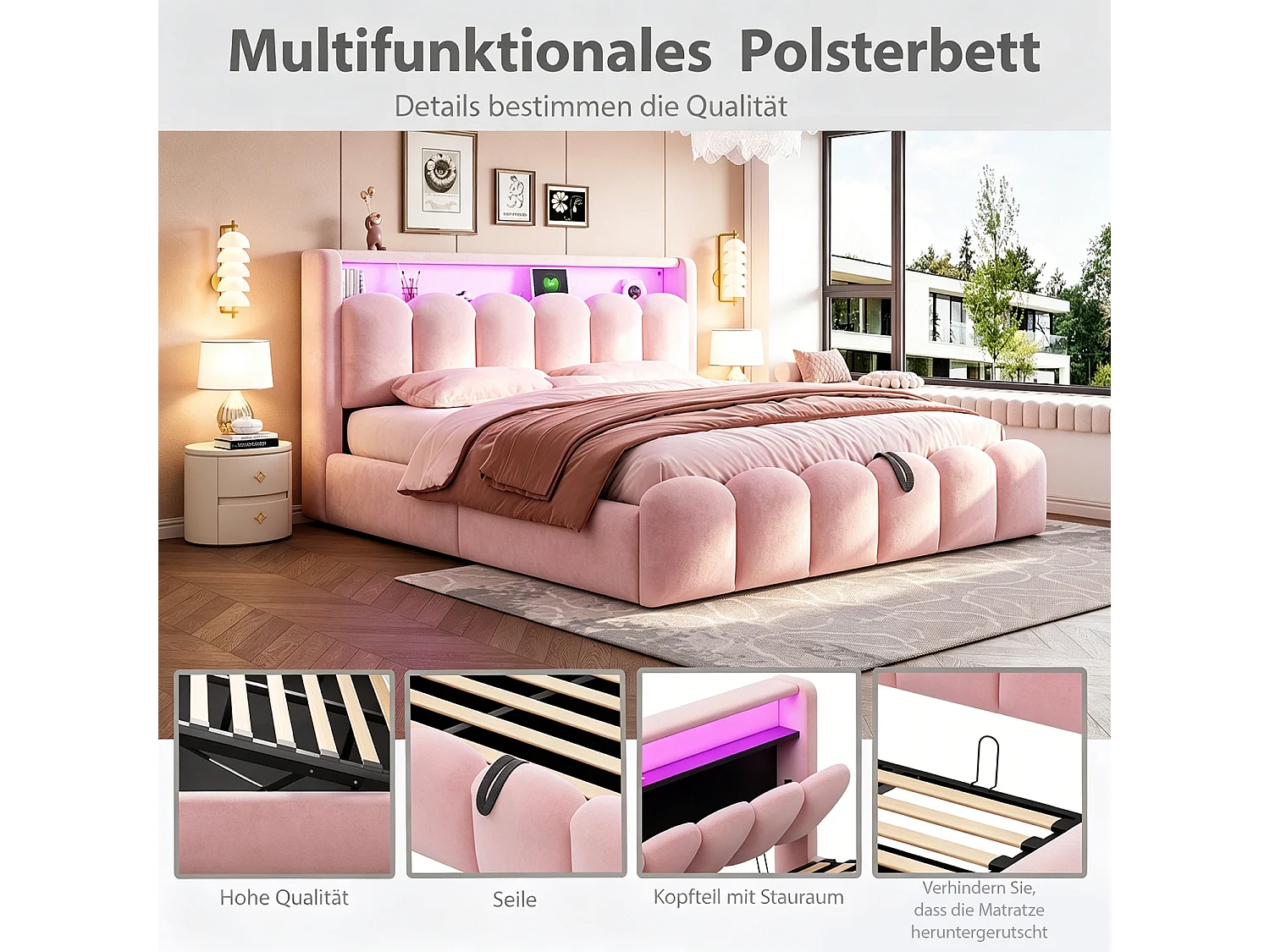 Lit coffre 180 x 200 cm avec rangement tête de lit, ports USB et Type-C et LED - Velours - Rose (Sans matelas)