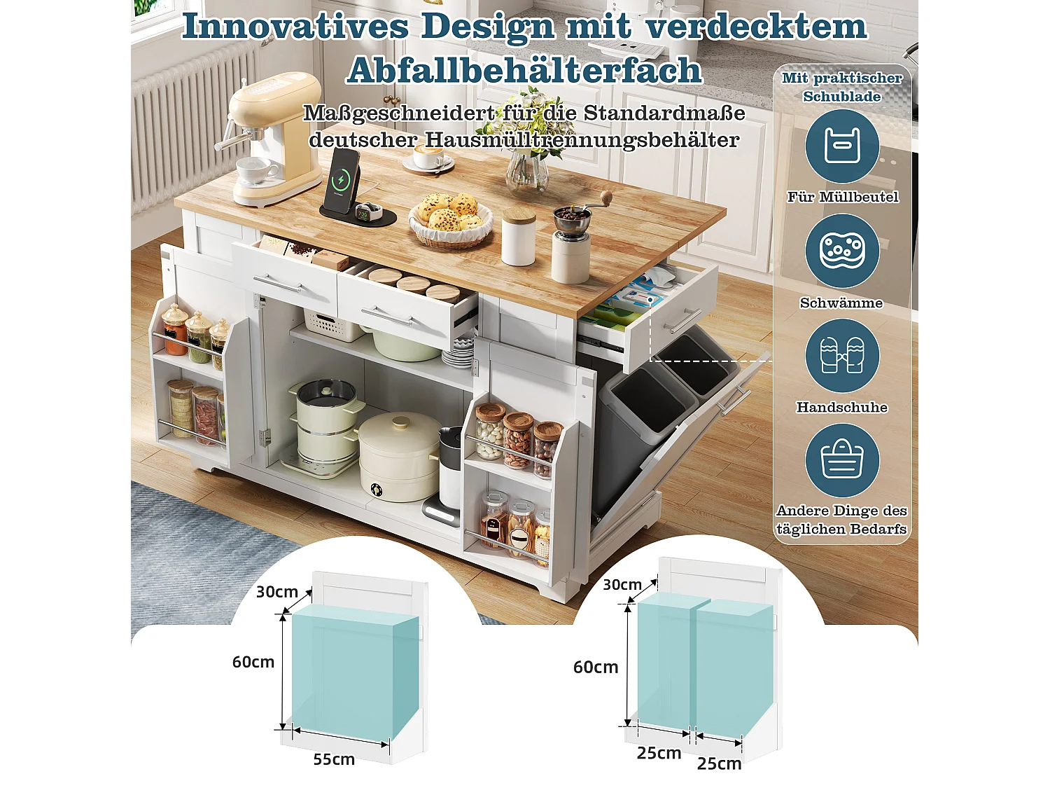 Mobil køkkenø med nedfældbar top, USB/USB-C port - Udtræksbeholder, 2 døre og 2 skuffer - 138 x 56/86 x 92 cm - MDF - Hvid og natur