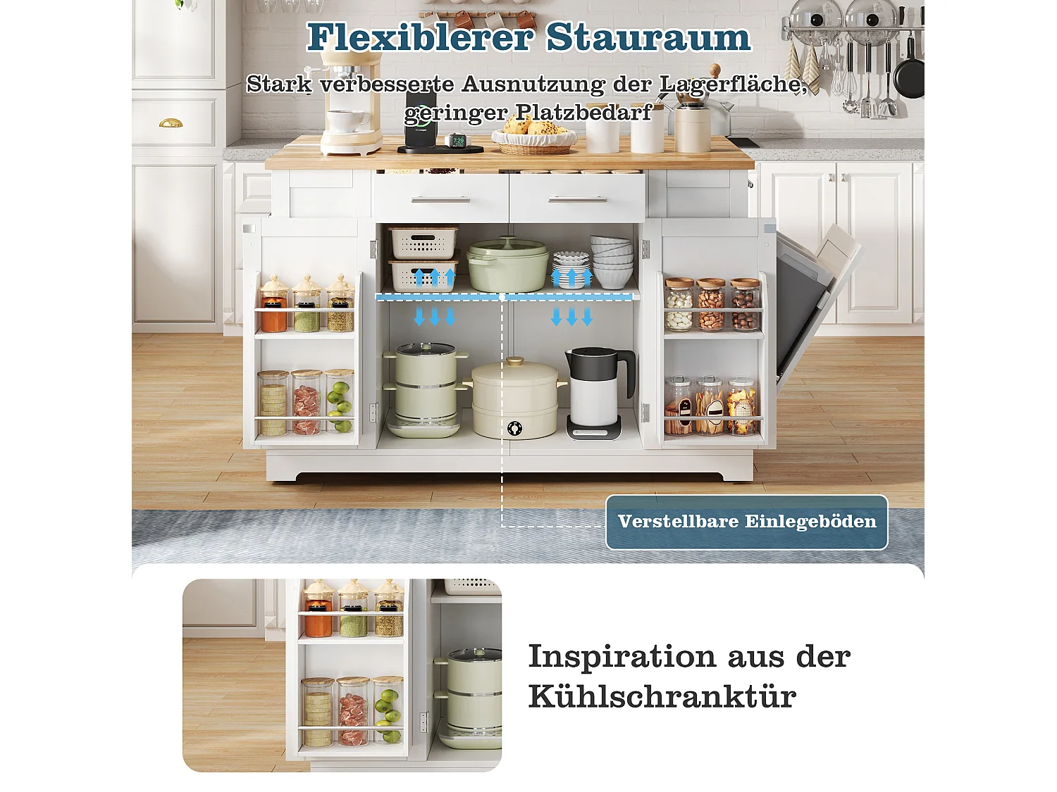 Mobil køkkenø med nedfældbar top, USB/USB-C port - Udtræksbeholder, 2 døre og 2 skuffer - 138 x 56/86 x 92 cm - MDF - Hvid og natur