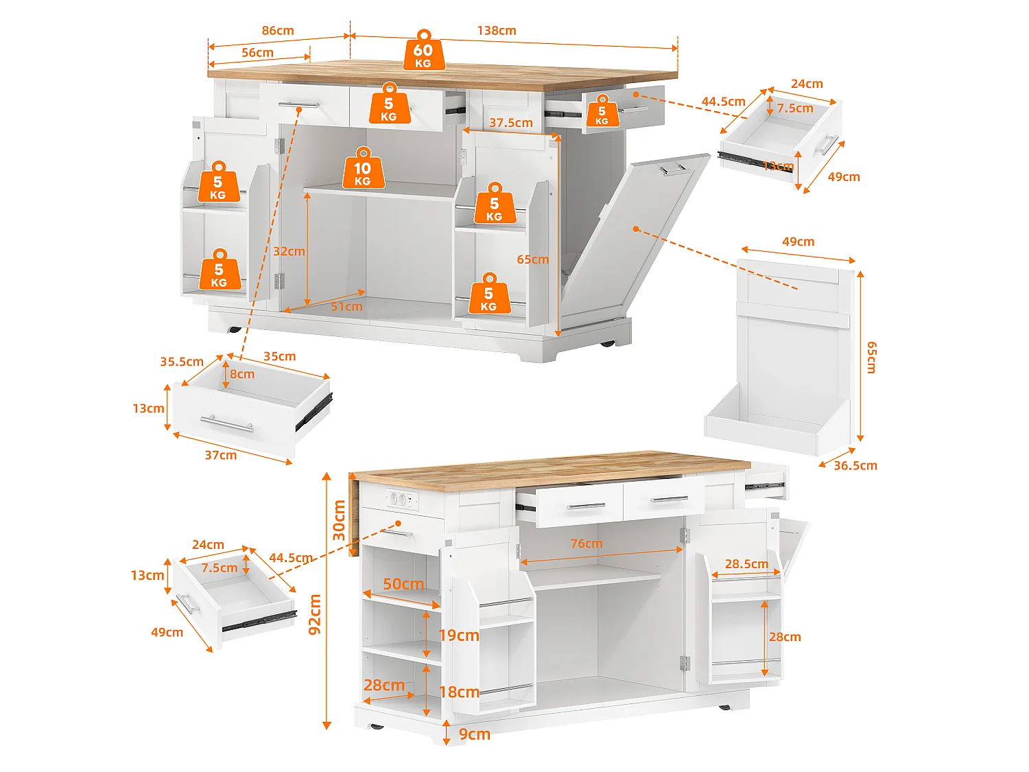 Mobil køkkenø med nedfældbar top, USB/USB-C port - Udtræksbeholder, 2 døre og 2 skuffer - 138 x 56/86 x 92 cm - MDF - Hvid og natur