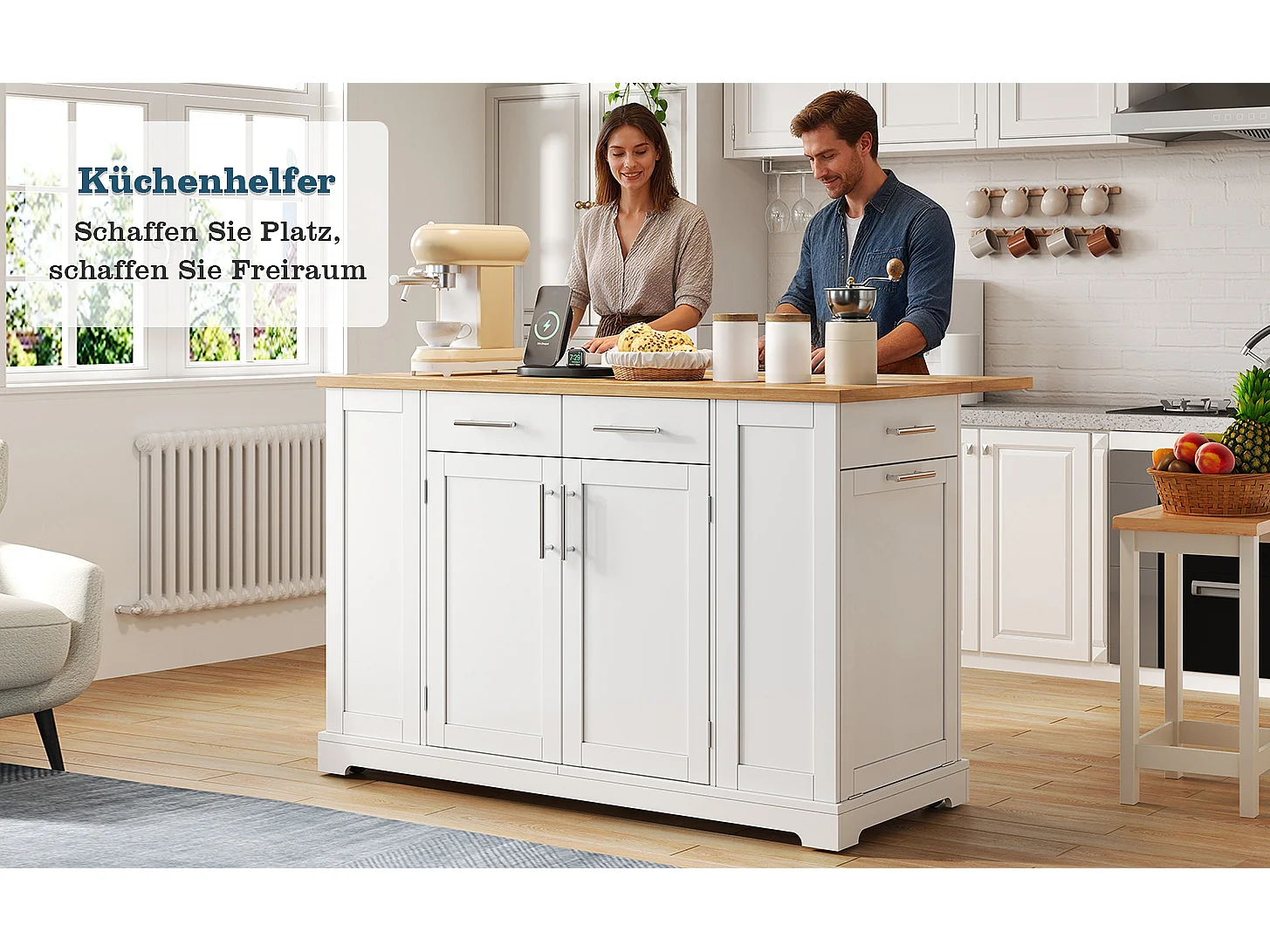 Mobil køkkenø med nedfældbar top, USB/USB-C port - Udtræksbeholder, 2 døre og 2 skuffer - 138 x 56/86 x 92 cm - MDF - Hvid og natur