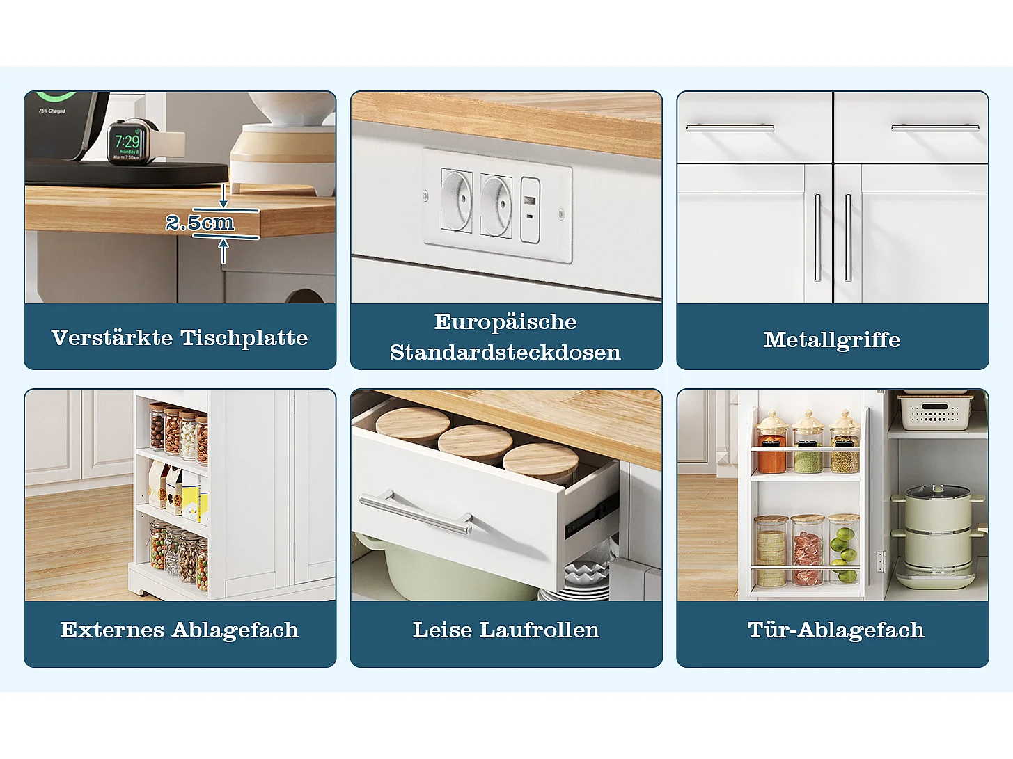 Mobil køkkenø med nedfældbar top, USB/USB-C port - Udtræksbeholder, 2 døre og 2 skuffer - 138 x 56/86 x 92 cm - MDF - Hvid og natur