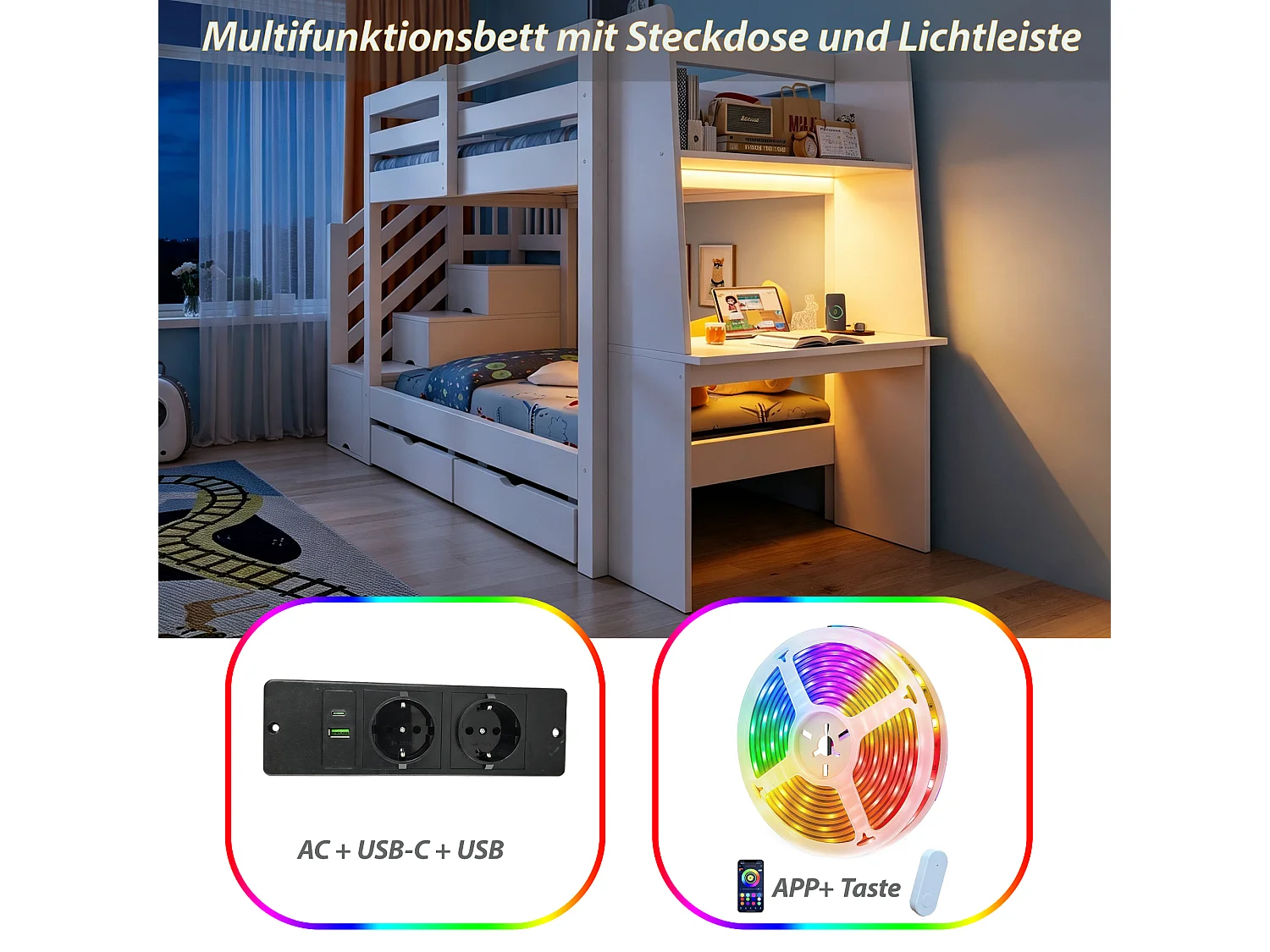 Loftsäng 90 x 200 cm med skrivbord, 2 lådor, LED-belysning, eluttag och förvaringstrappa - Trä - Vit (Madrass ingår ej)