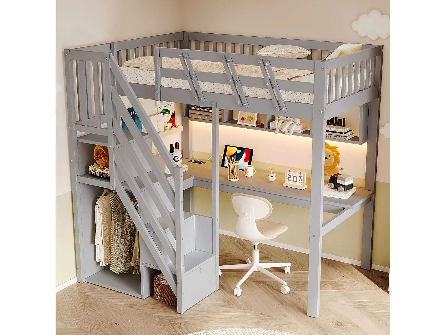Lit mezzanine 90 x 200 cm avec bureau, penderie ouverte, étagères, prises et LED - Bois - Gris (Sans matelas)