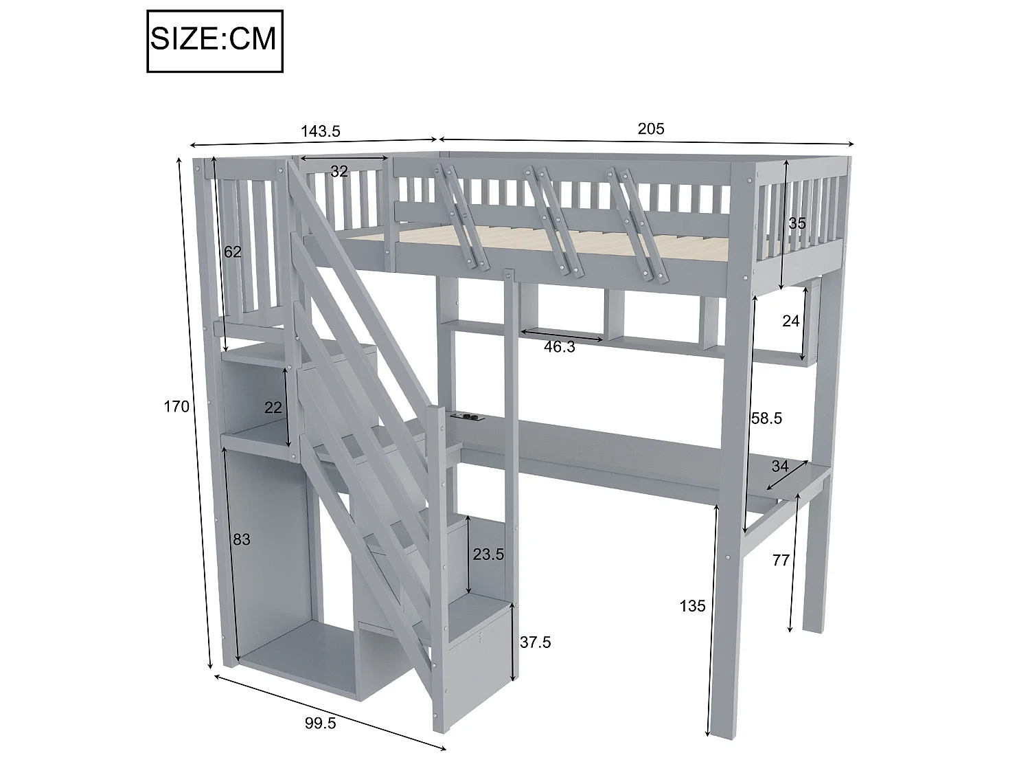 Lit mezzanine 90 x 200 cm avec bureau, penderie ouverte, étagères, prises et LED - Bois - Gris (Sans matelas)