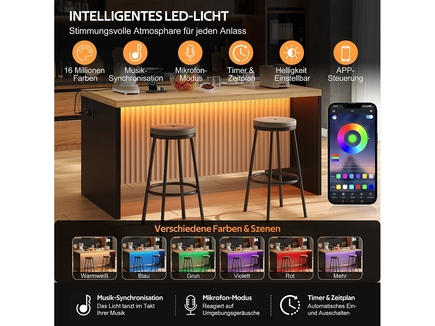 Køkkenø med sort marmorlook - LED-belysning, 2 x 220V strømudtag + 2 USB-porte - 155 x 80 x 90 cm - MDF - Natur