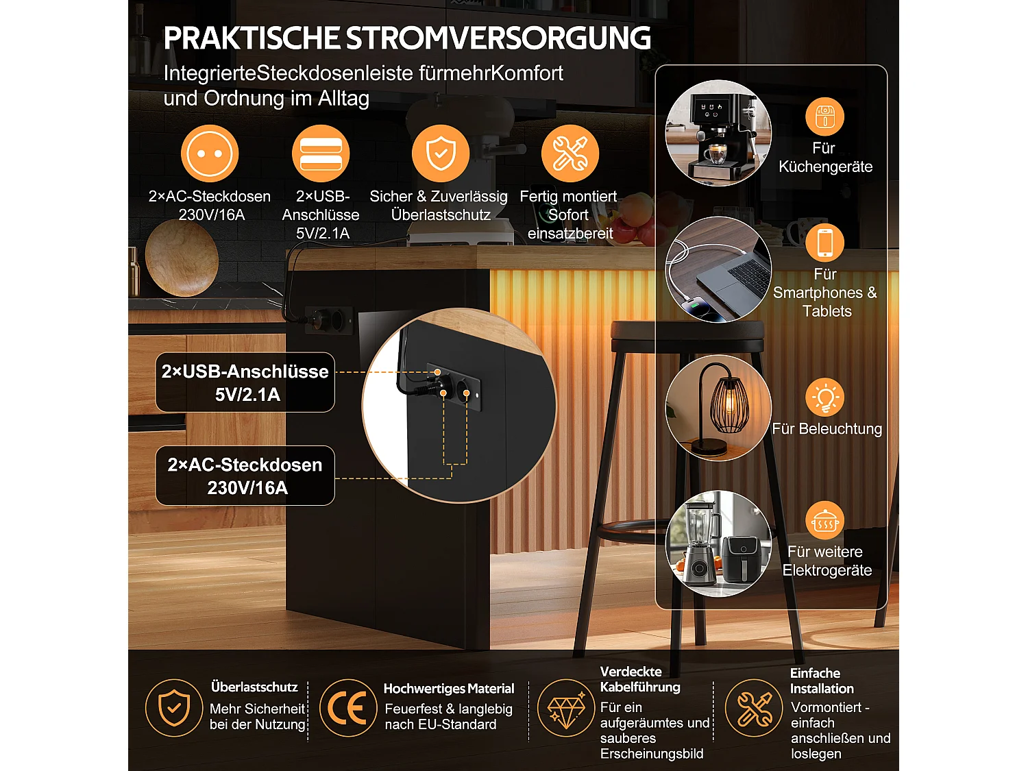 Køkkenø med sort marmorlook - LED-belysning, 2 x 220V strømudtag + 2 USB-porte - 155 x 80 x 90 cm - MDF - Natur