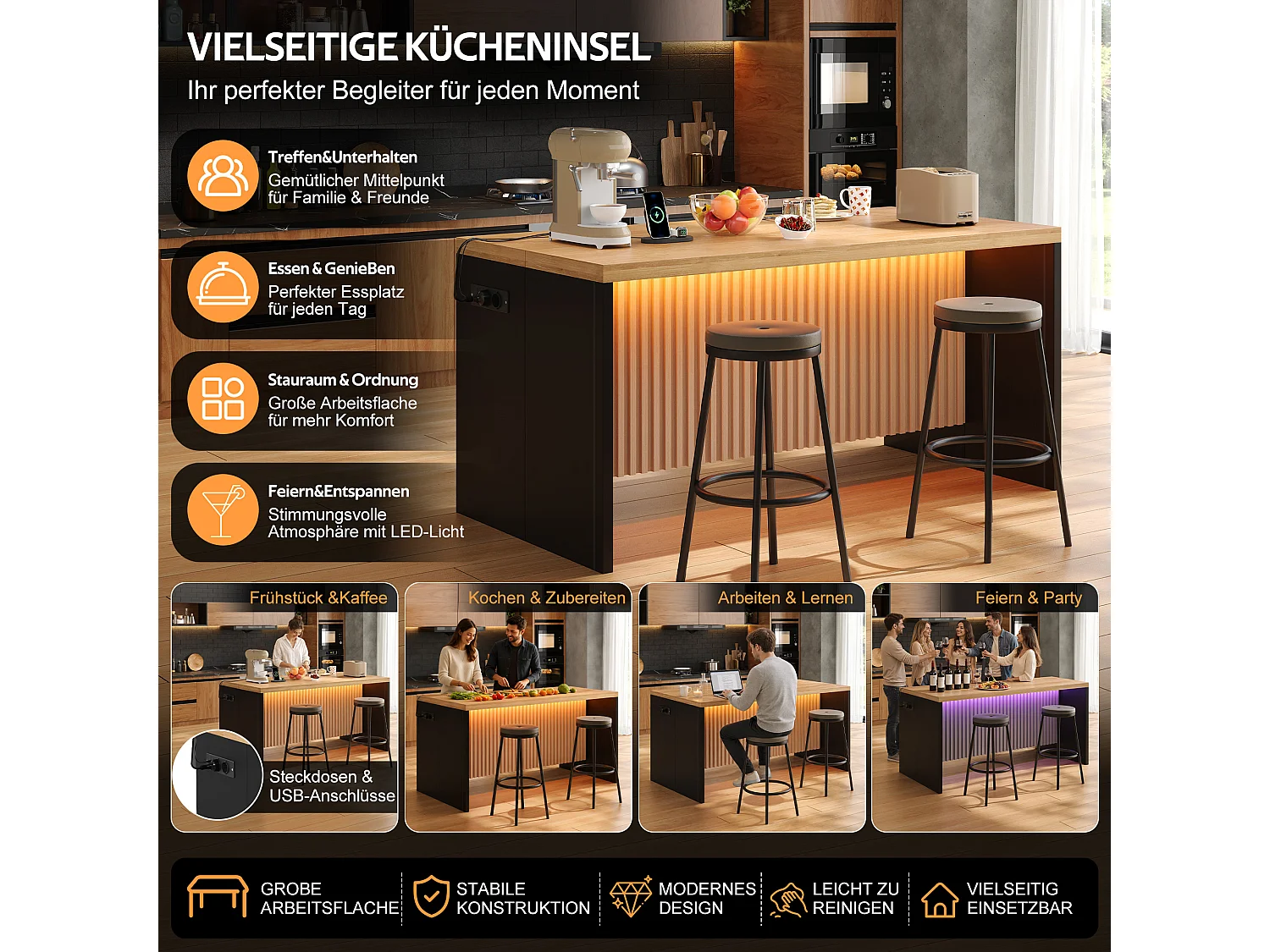 Køkkenø med sort marmorlook - LED-belysning, 2 x 220V strømudtag + 2 USB-porte - 155 x 80 x 90 cm - MDF - Natur