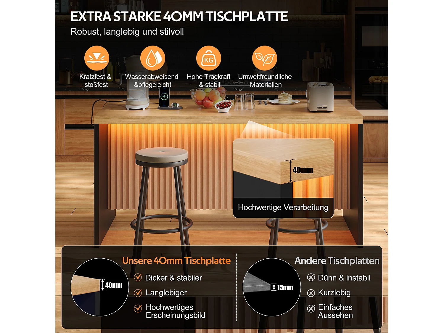 Køkkenø med sort marmorlook - LED-belysning, 2 x 220V strømudtag + 2 USB-porte - 155 x 80 x 90 cm - MDF - Natur