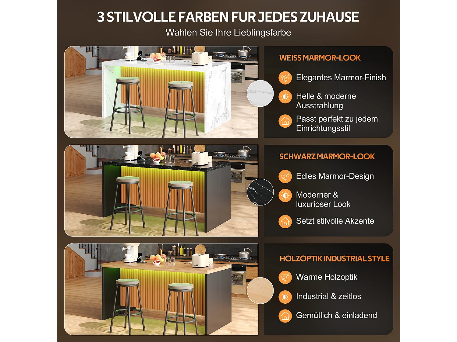 Køkkenø med sort marmorlook - LED-belysning, 2 x 220V strømudtag + 2 USB-porte - 155 x 80 x 90 cm - MDF - Natur