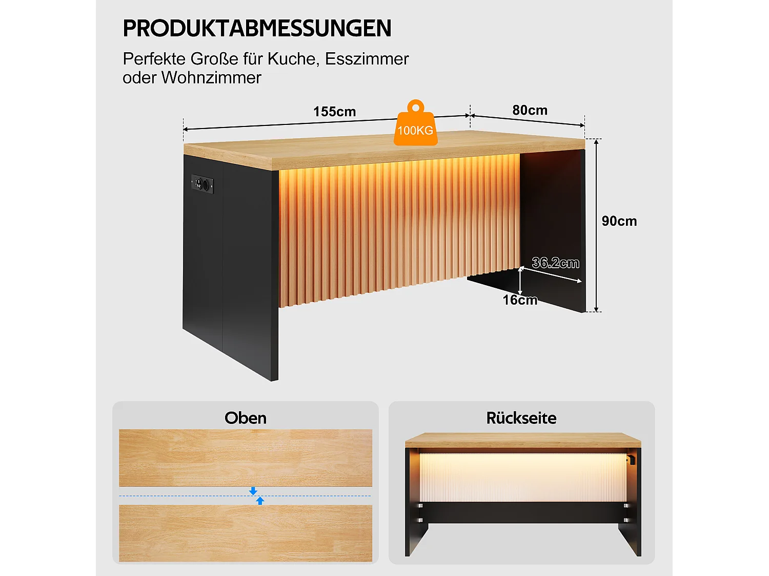 Køkkenø med sort marmorlook - LED-belysning, 2 x 220V strømudtag + 2 USB-porte - 155 x 80 x 90 cm - MDF - Natur