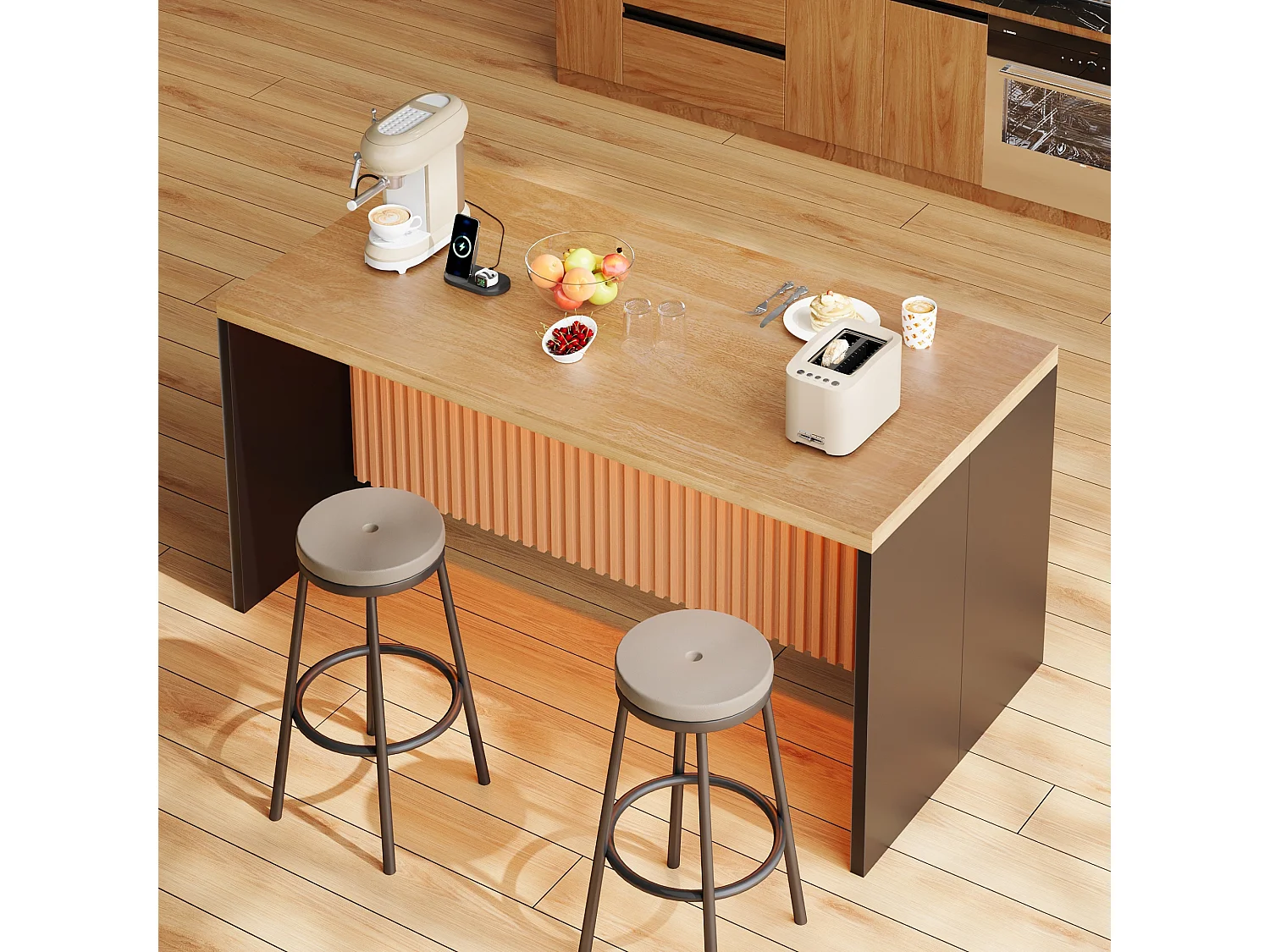 Køkkenø med sort marmorlook - LED-belysning, 2 x 220V strømudtag + 2 USB-porte - 155 x 80 x 90 cm - MDF - Natur