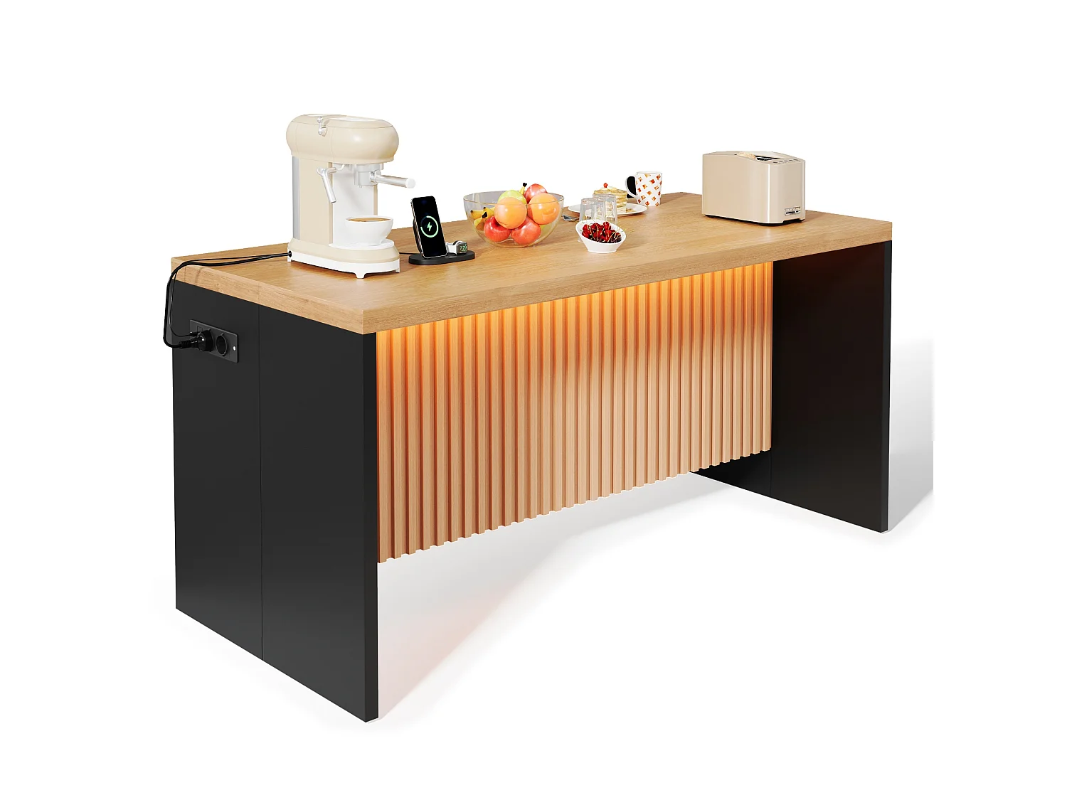 Køkkenø med sort marmorlook - LED-belysning, 2 x 220V strømudtag + 2 USB-porte - 155 x 80 x 90 cm - MDF - Natur