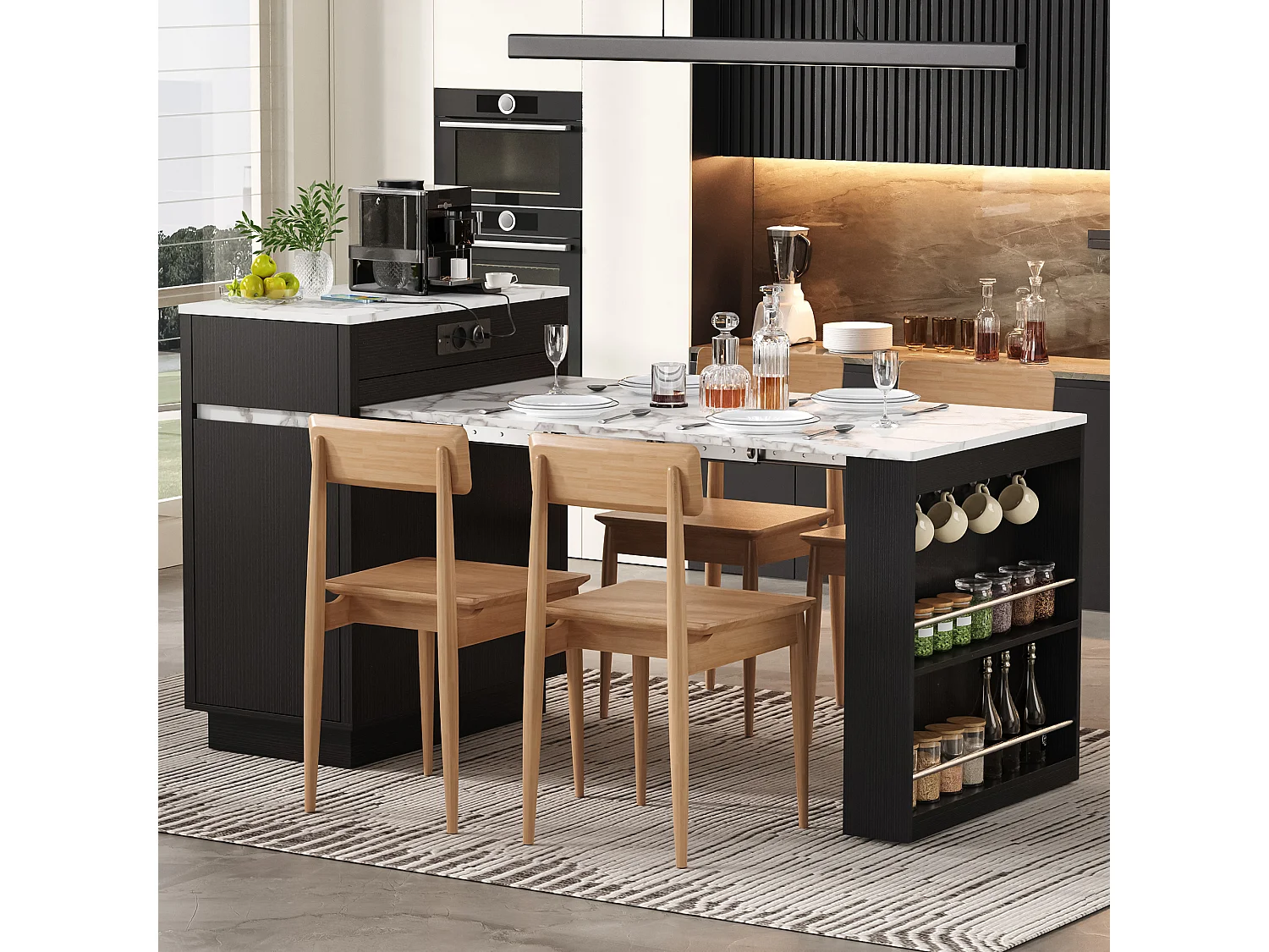 Ausziehbare, mobile Kücheninsel mit LED-Beleuchtung, Ladestation, Haken, einer Tür und zwei Schubladen – 58–154 x 80,5 x 94 cm – MDF – Schwarz