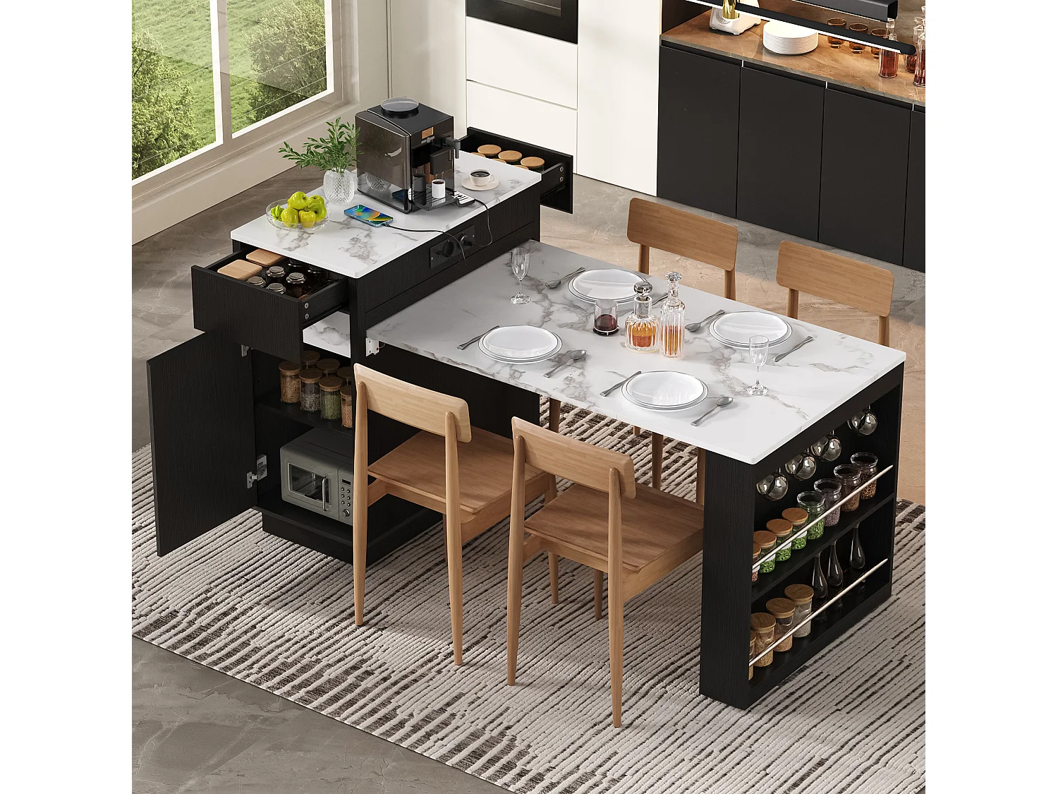 Ausziehbare, mobile Kücheninsel mit LED-Beleuchtung, Ladestation, Haken, einer Tür und zwei Schubladen – 58–154 x 80,5 x 94 cm – MDF – Schwarz