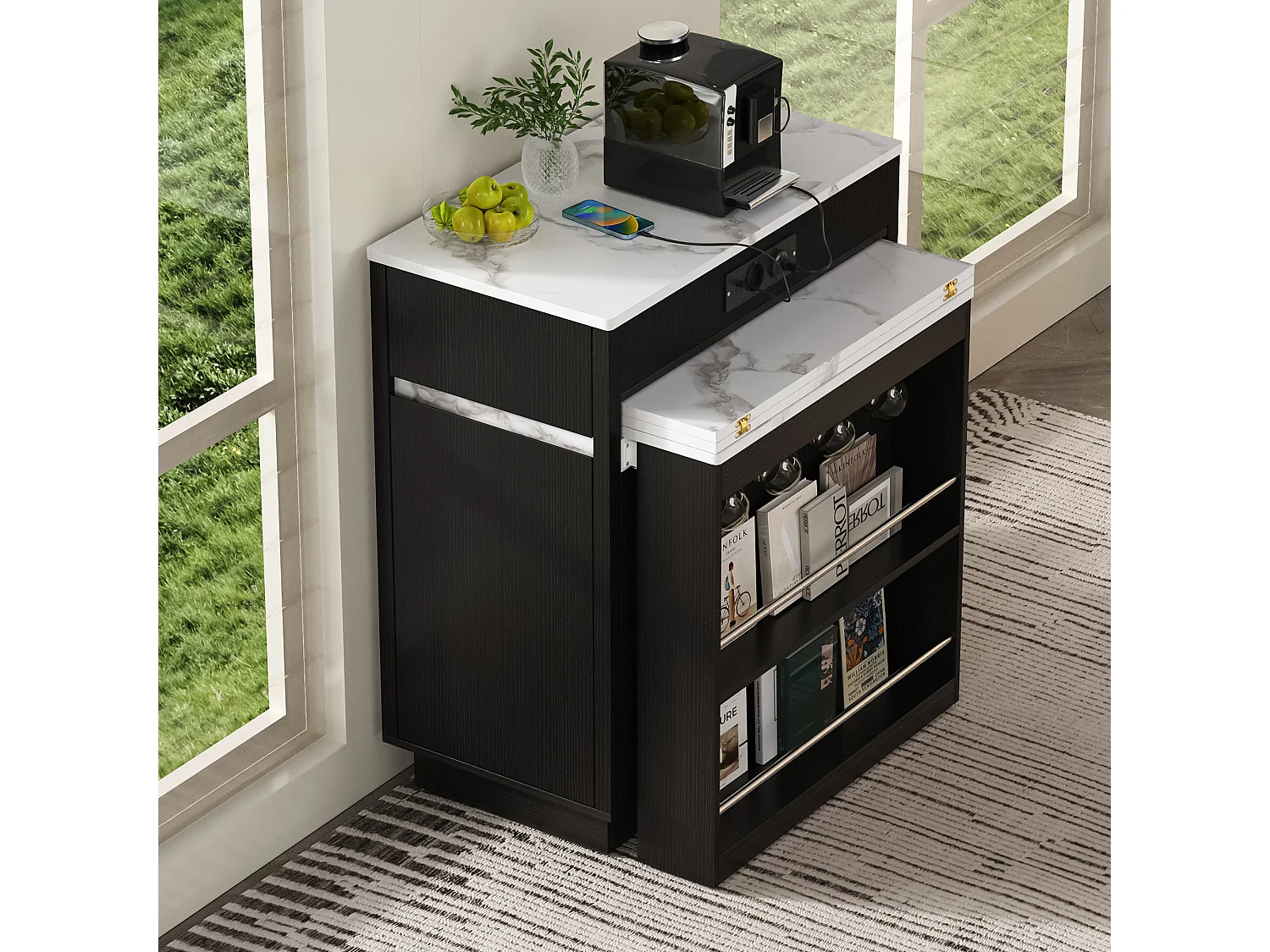 Ausziehbare, mobile Kücheninsel mit LED-Beleuchtung, Ladestation, Haken, einer Tür und zwei Schubladen – 58–154 x 80,5 x 94 cm – MDF – Schwarz