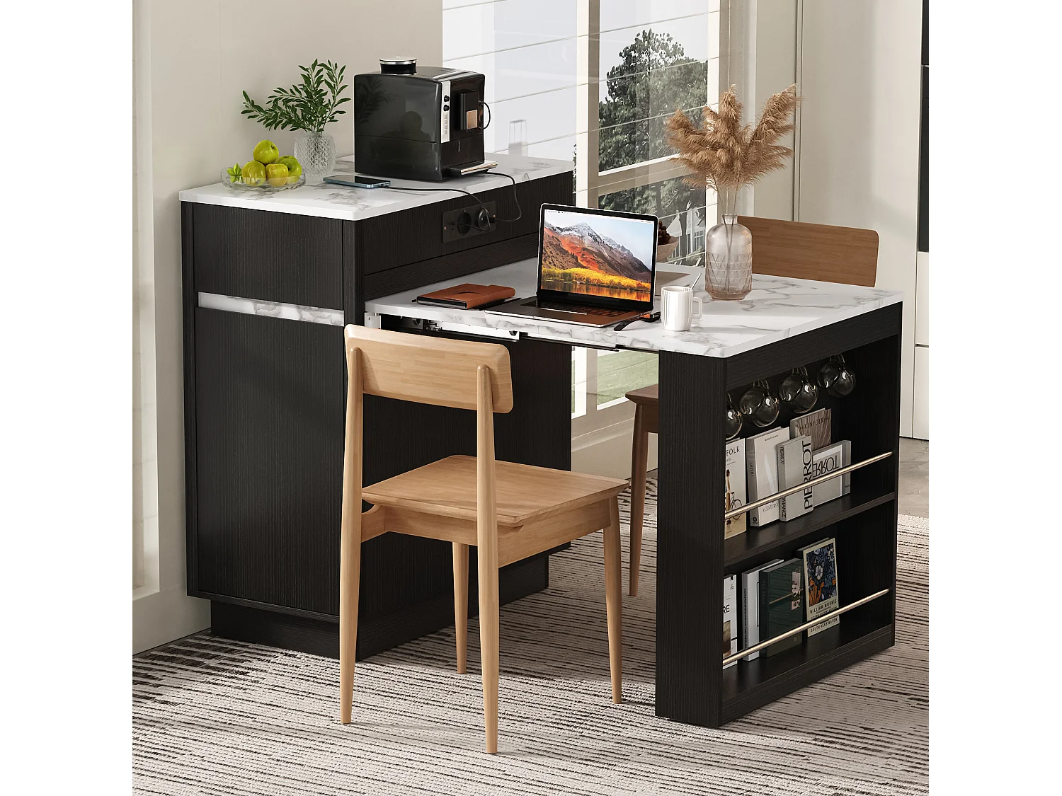Ausziehbare, mobile Kücheninsel mit LED-Beleuchtung, Ladestation, Haken, einer Tür und zwei Schubladen – 58–154 x 80,5 x 94 cm – MDF – Schwarz