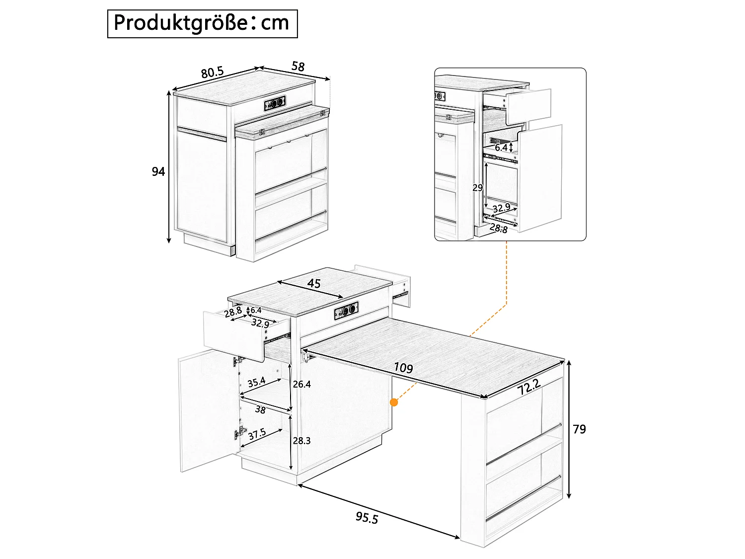 Ausziehbare, mobile Kücheninsel mit LED-Beleuchtung, Ladestation, Haken, einer Tür und zwei Schubladen – 58–154 x 80,5 x 94 cm – MDF – Schwarz