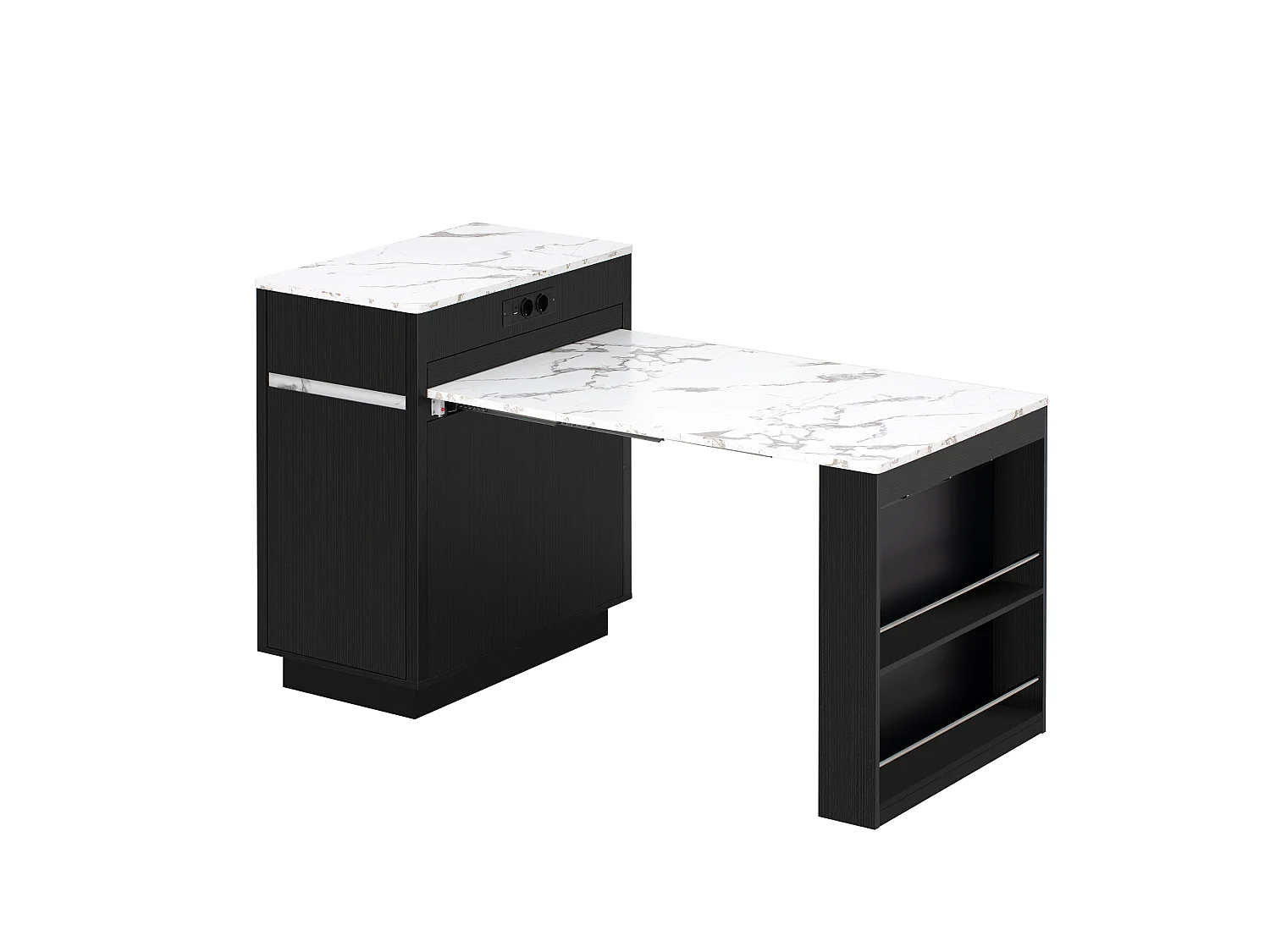 Ausziehbare, mobile Kücheninsel mit LED-Beleuchtung, Ladestation, Haken, einer Tür und zwei Schubladen – 58–154 x 80,5 x 94 cm – MDF – Schwarz