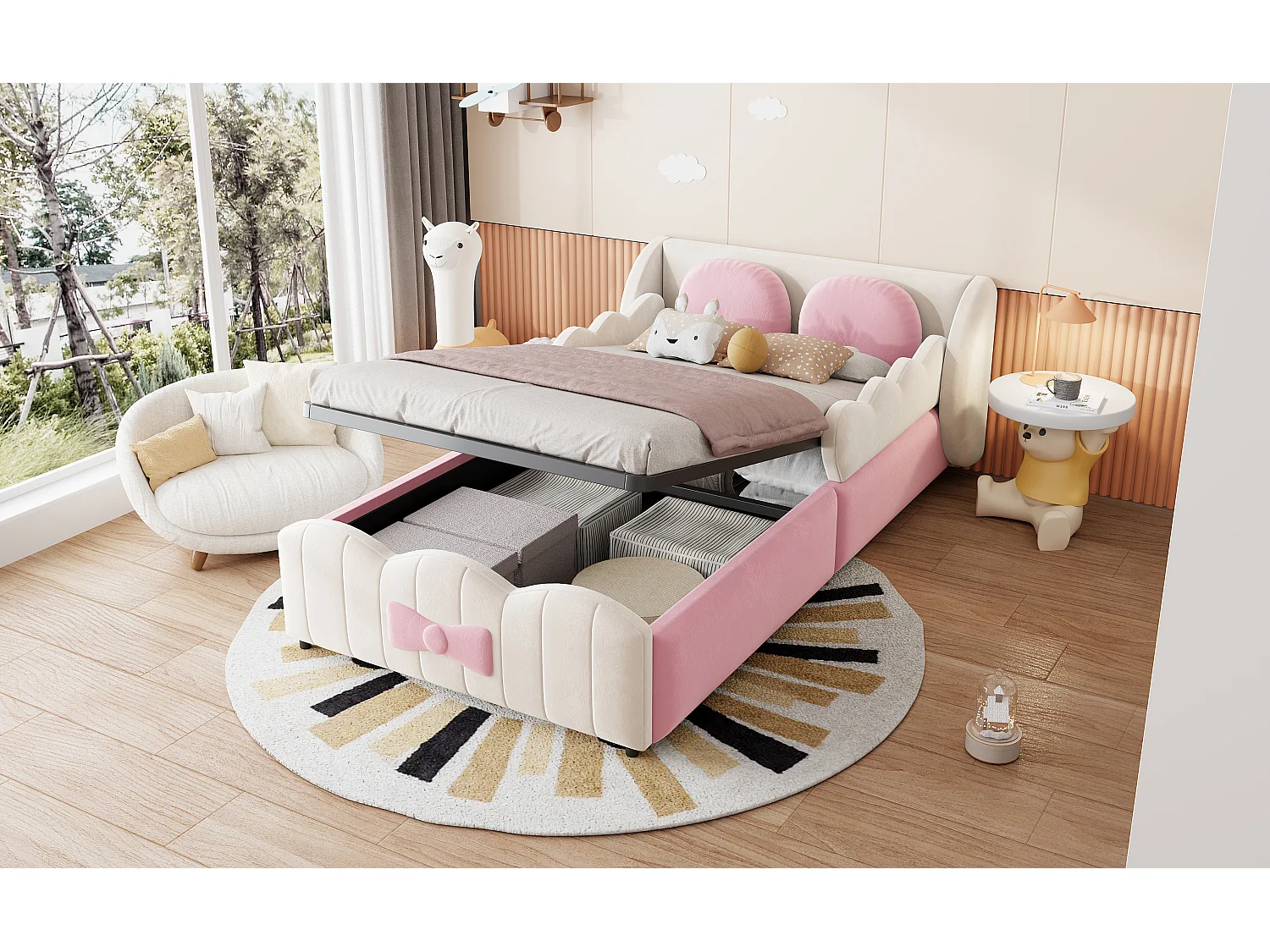 90 x 200 cm Stauraumbett mit hydraulischer Ablage, 2 Kissen und Flügeldesign - Samt - Beige (Matratze nicht im Lieferumfang enthalten)