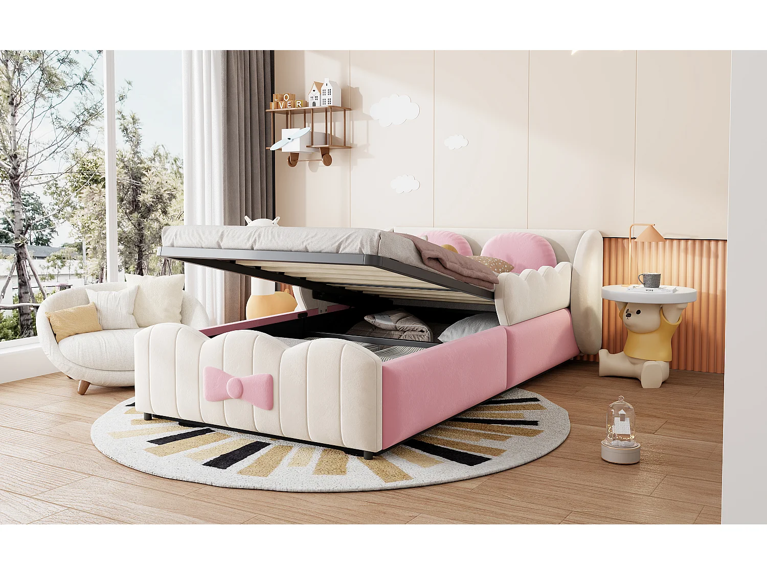 90 x 200 cm Stauraumbett mit hydraulischer Ablage, 2 Kissen und Flügeldesign - Samt - Beige (Matratze nicht im Lieferumfang enthalten)