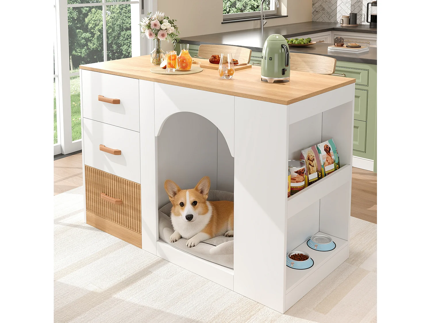 Îlot central de cuisine avec niche pour chien, 3 tiroirs et étagères latérales - MDF - 120 x 60 x 90 cm - Blanc