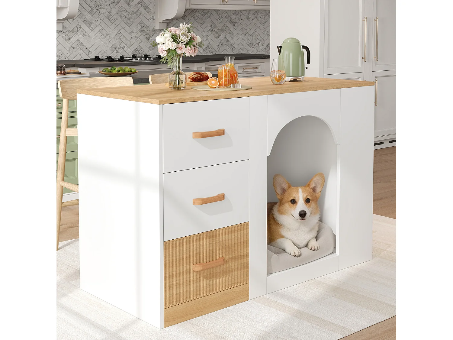 Îlot central de cuisine avec niche pour chien, 3 tiroirs et étagères latérales - MDF - 120 x 60 x 90 cm - Blanc