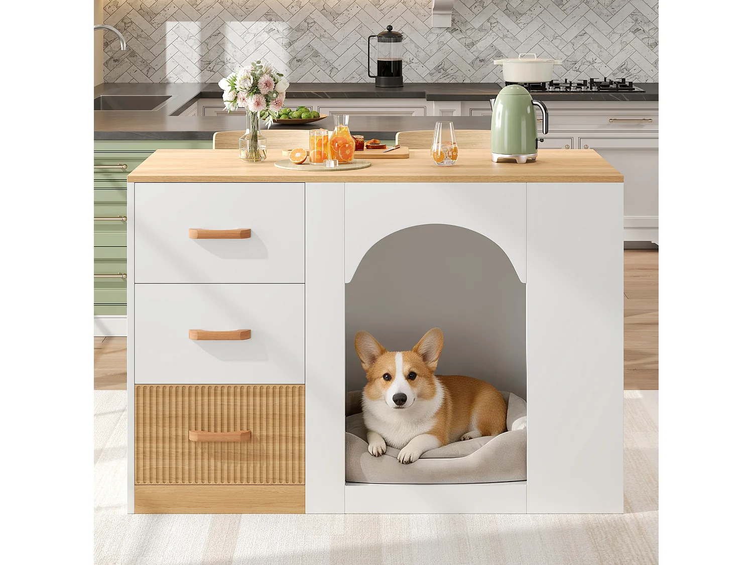 Îlot central de cuisine avec niche pour chien, 3 tiroirs et étagères latérales - MDF - 120 x 60 x 90 cm - Blanc