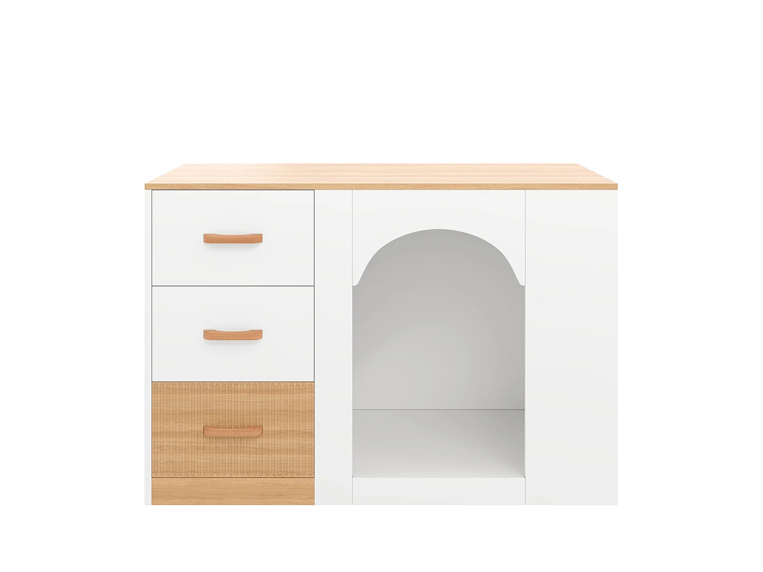 Îlot central de cuisine avec niche pour chien, 3 tiroirs et étagères latérales - MDF - 120 x 60 x 90 cm - Blanc