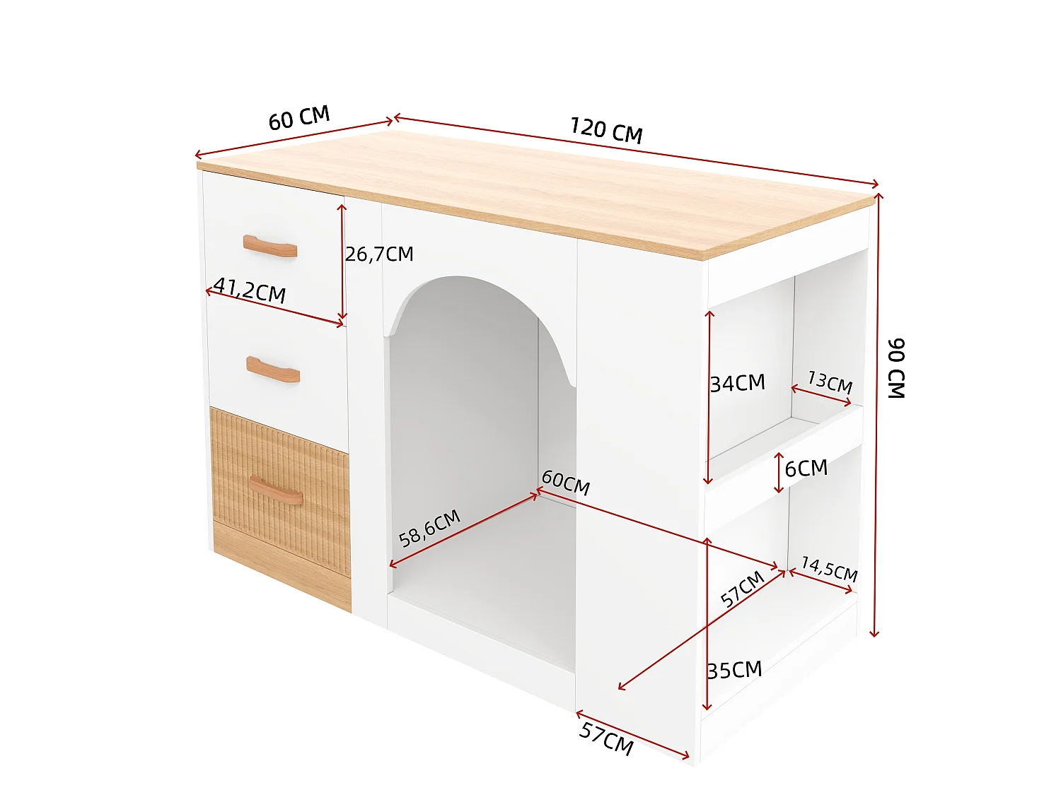 Îlot central de cuisine avec niche pour chien, 3 tiroirs et étagères latérales - MDF - 120 x 60 x 90 cm - Blanc