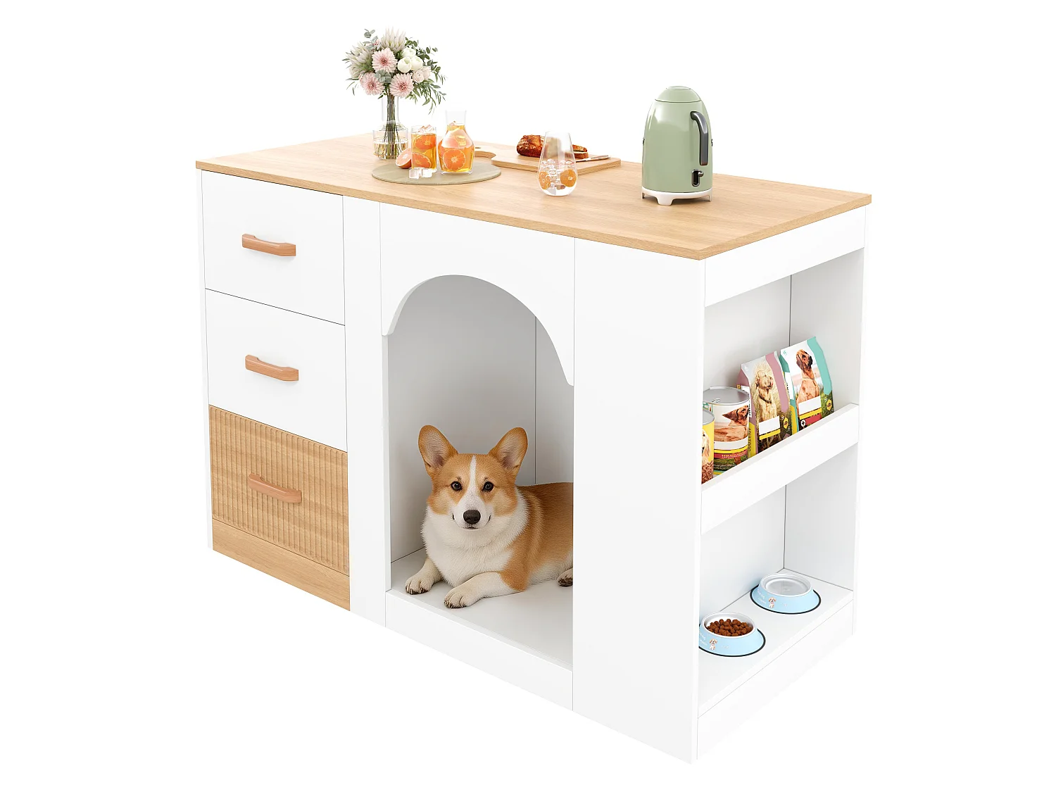 Îlot central de cuisine avec niche pour chien, 3 tiroirs et étagères latérales - MDF - 120 x 60 x 90 cm - Blanc