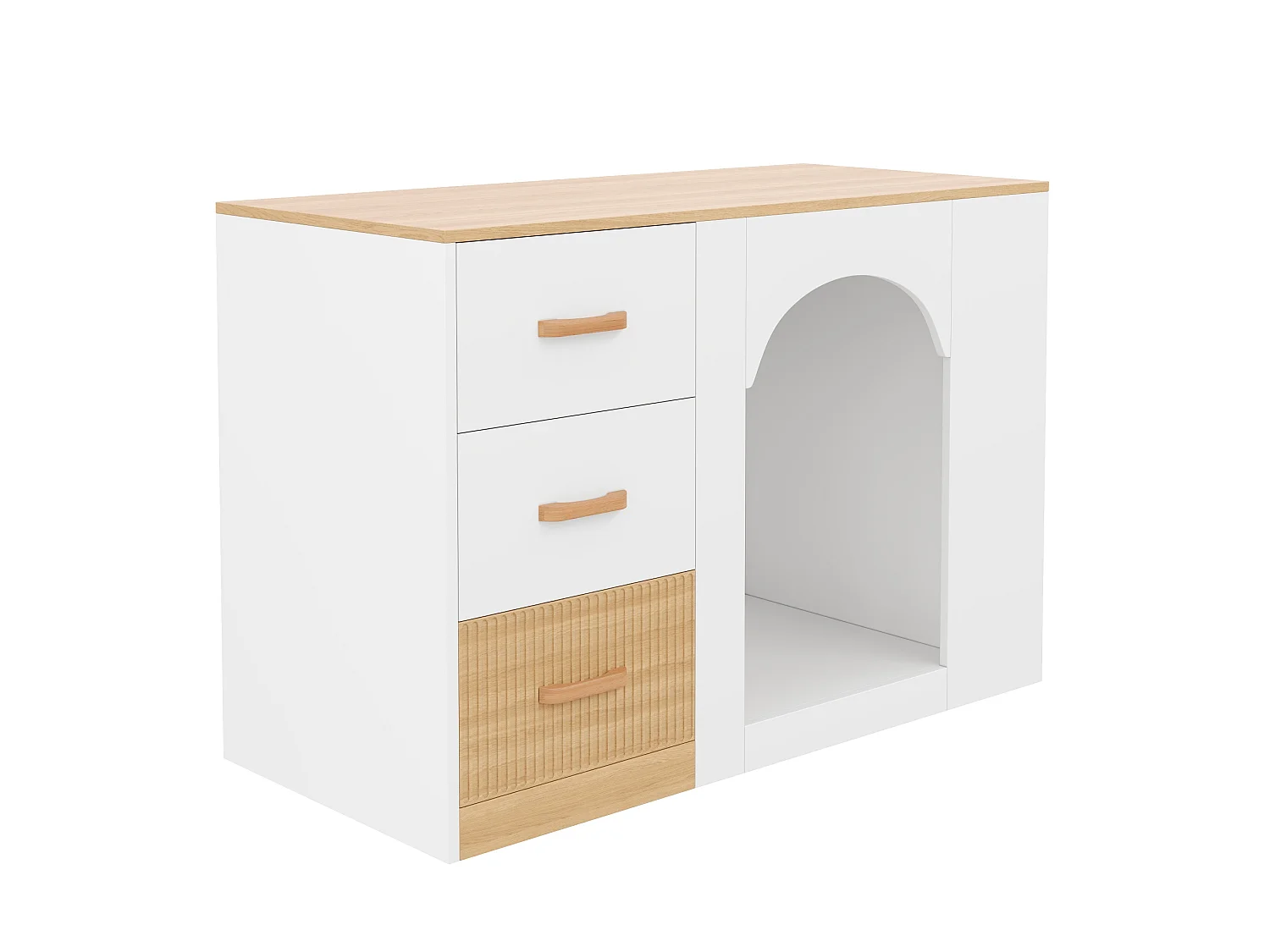 Îlot central de cuisine avec niche pour chien, 3 tiroirs et étagères latérales - MDF - 120 x 60 x 90 cm - Blanc