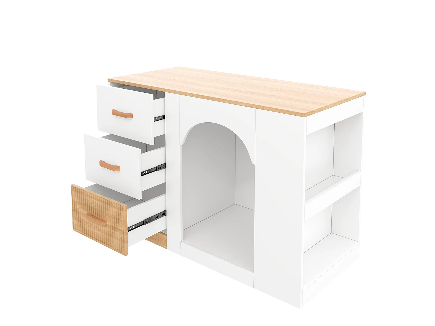 Îlot central de cuisine avec niche pour chien, 3 tiroirs et étagères latérales - MDF - 120 x 60 x 90 cm - Blanc