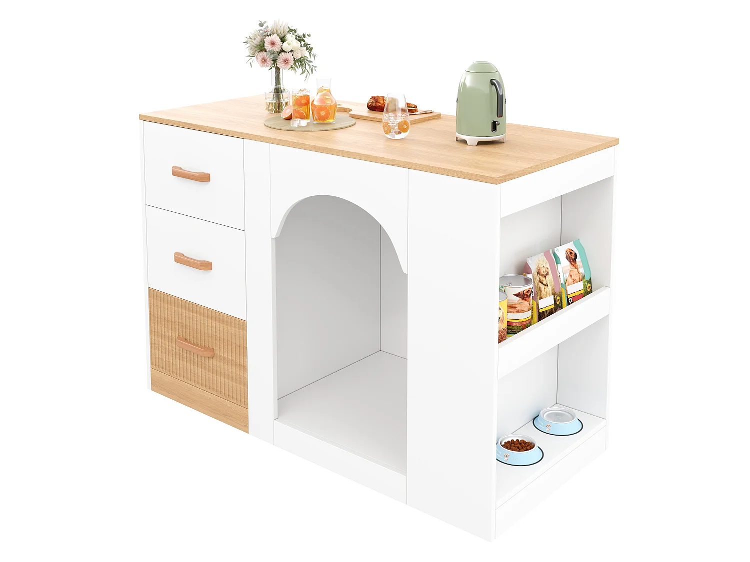 Îlot central de cuisine avec niche pour chien, 3 tiroirs et étagères latérales - MDF - 120 x 60 x 90 cm - Blanc