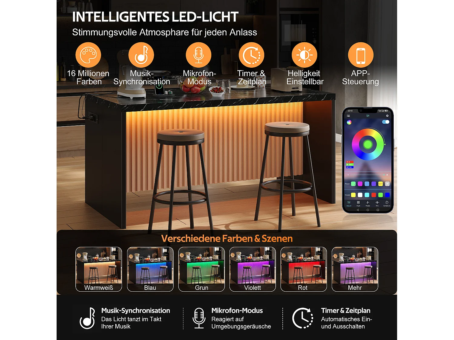 Køkkenø med sort marmorlook - LED-belysning, 2 x 220V strømudtag + 2 USB-porte - 155 x 80 x 90 cm - MDF - Sort