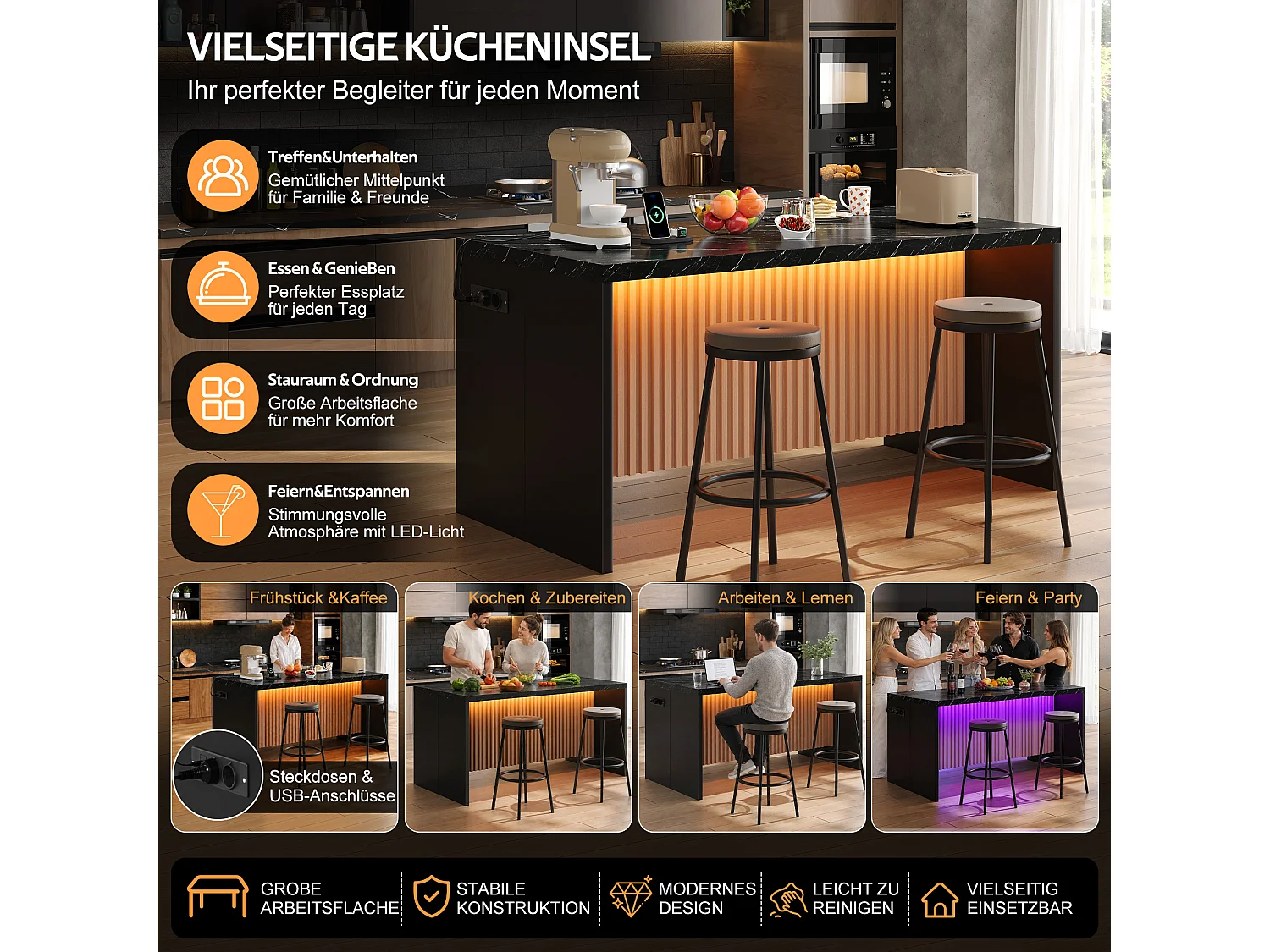 Køkkenø med sort marmorlook - LED-belysning, 2 x 220V strømudtag + 2 USB-porte - 155 x 80 x 90 cm - MDF - Sort