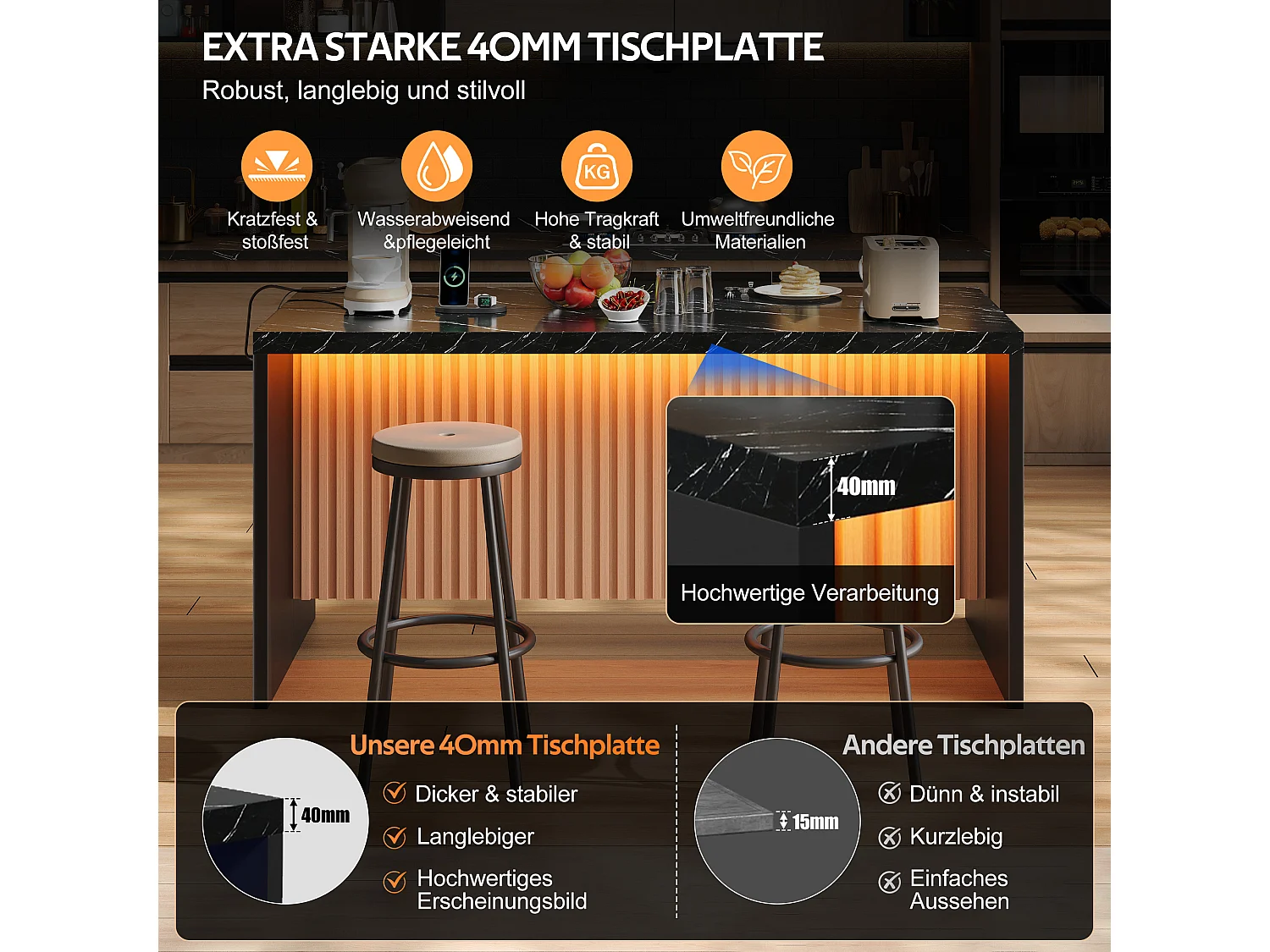 Køkkenø med sort marmorlook - LED-belysning, 2 x 220V strømudtag + 2 USB-porte - 155 x 80 x 90 cm - MDF - Sort